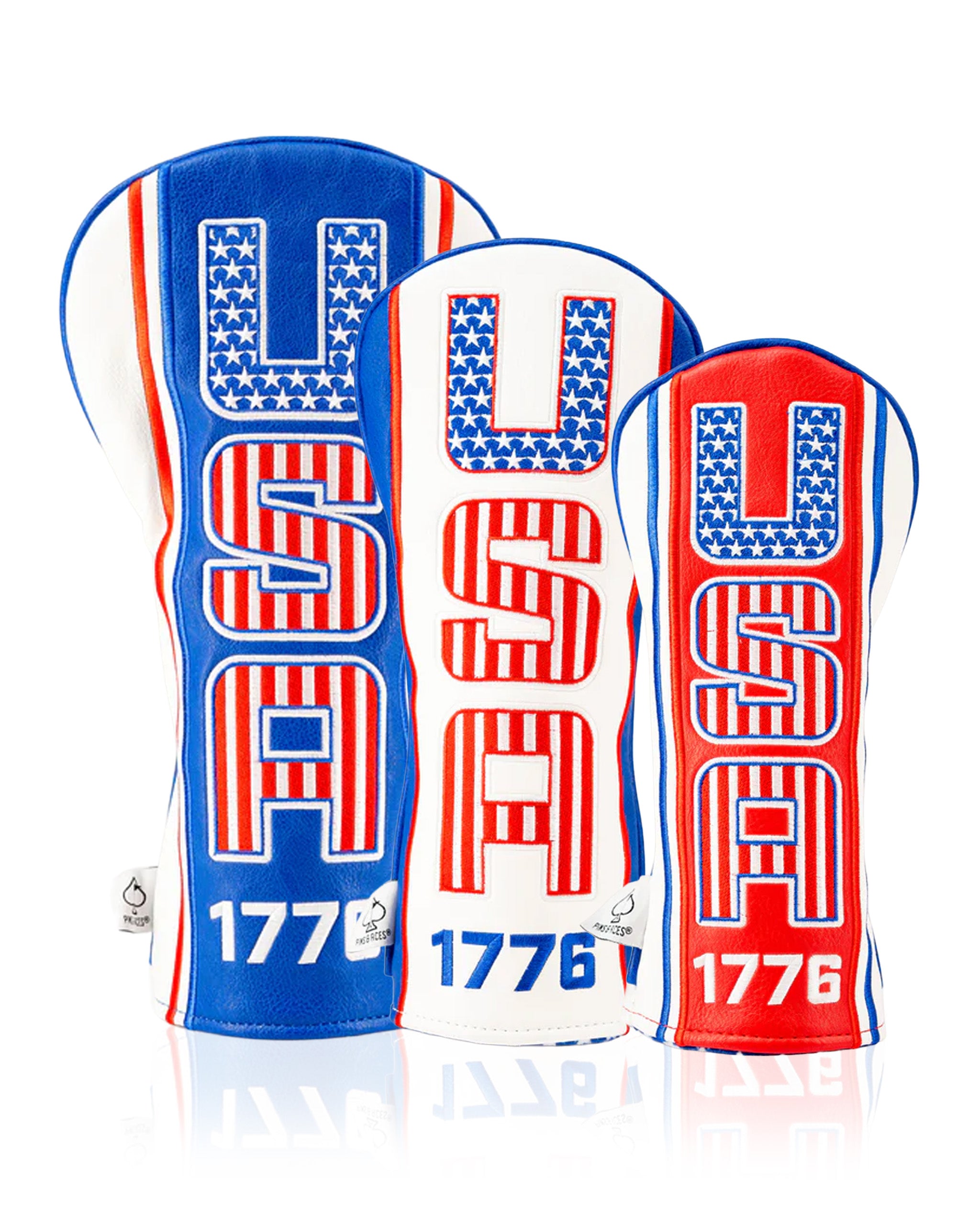 USA Tribute 2.0 headcover set featuring bold red, white, and blue designs with stars and stripes, perfect for patriotic golfers.