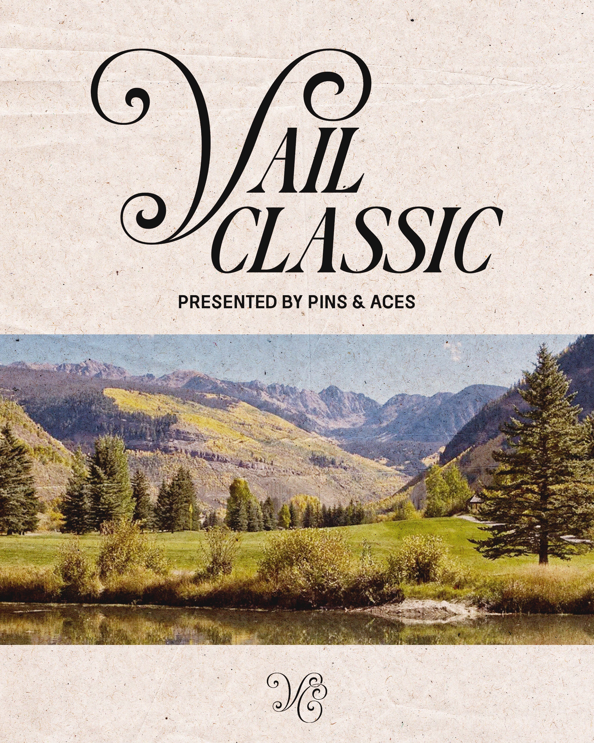 Vintage-style graphic featuring the Vail Classic logo with a scenic mountain landscape, showcasing lush greenery and serene waters.