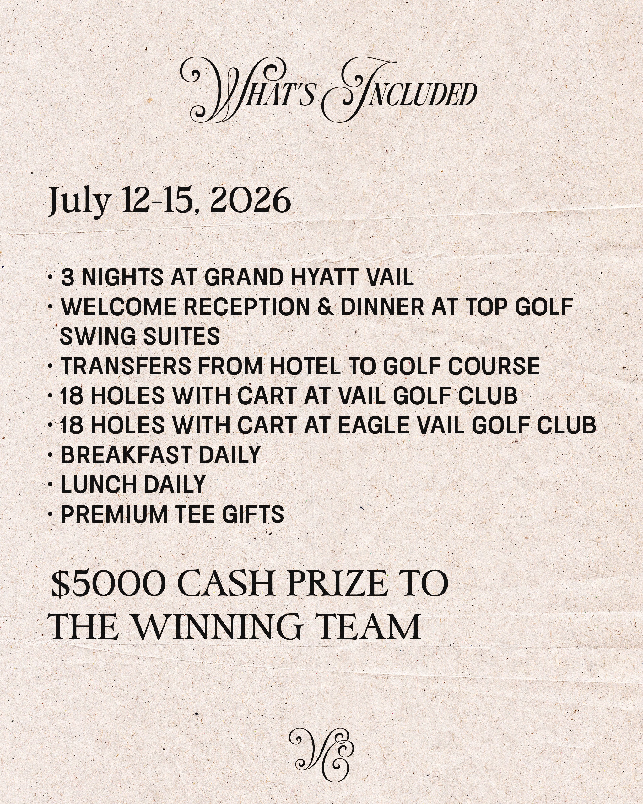 Promotional flyer for the Pins and Aces Vail Classic featuring event details, dates, and prize information.