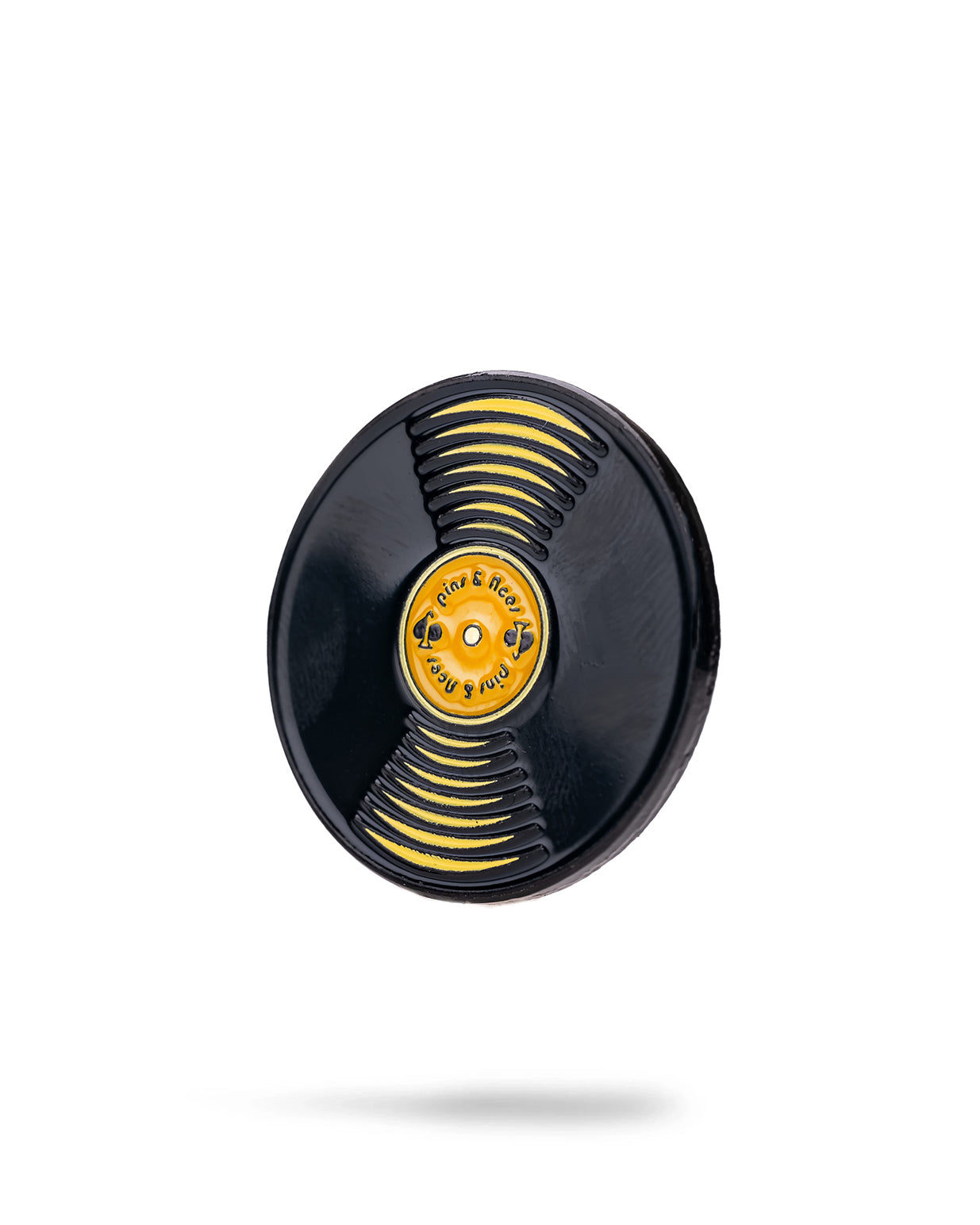 "Vinyl record ball marker featuring a classic black design with colorful label details."
