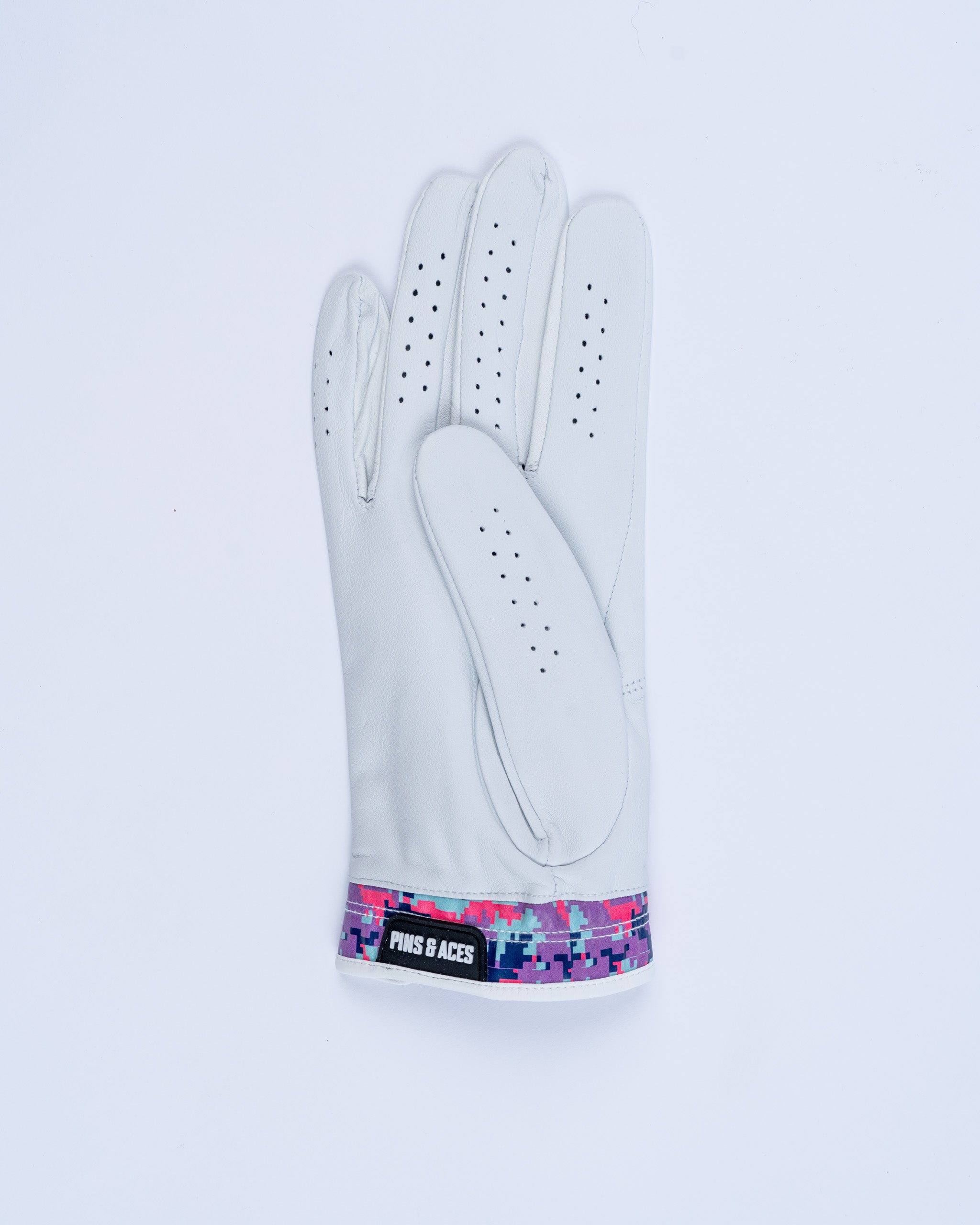 Premium Tour Glove in Vivid Camo design, featuring a sleek white leather finish and colorful camo wristband.