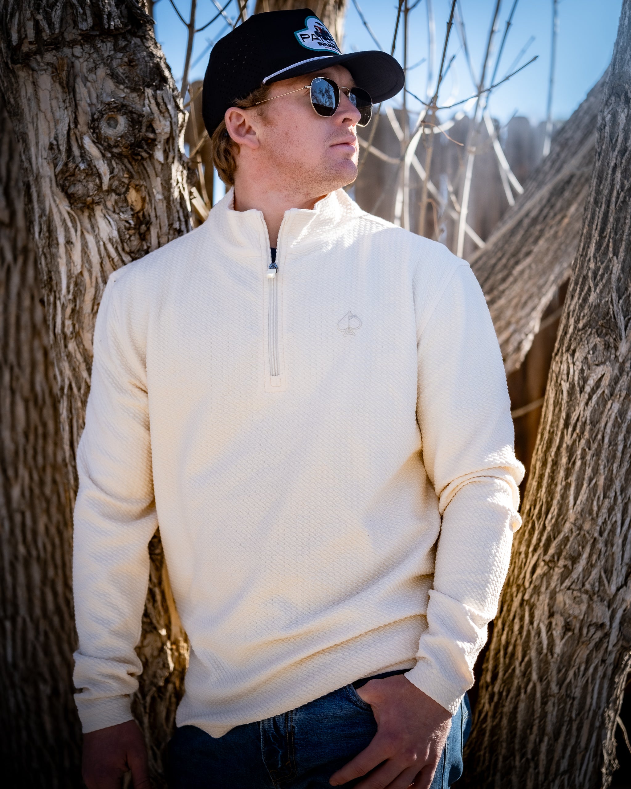 Cream Player Preferred™ Waffle Knit Pullover displayed in a casual setting, featuring a soft texture and relaxed fit.