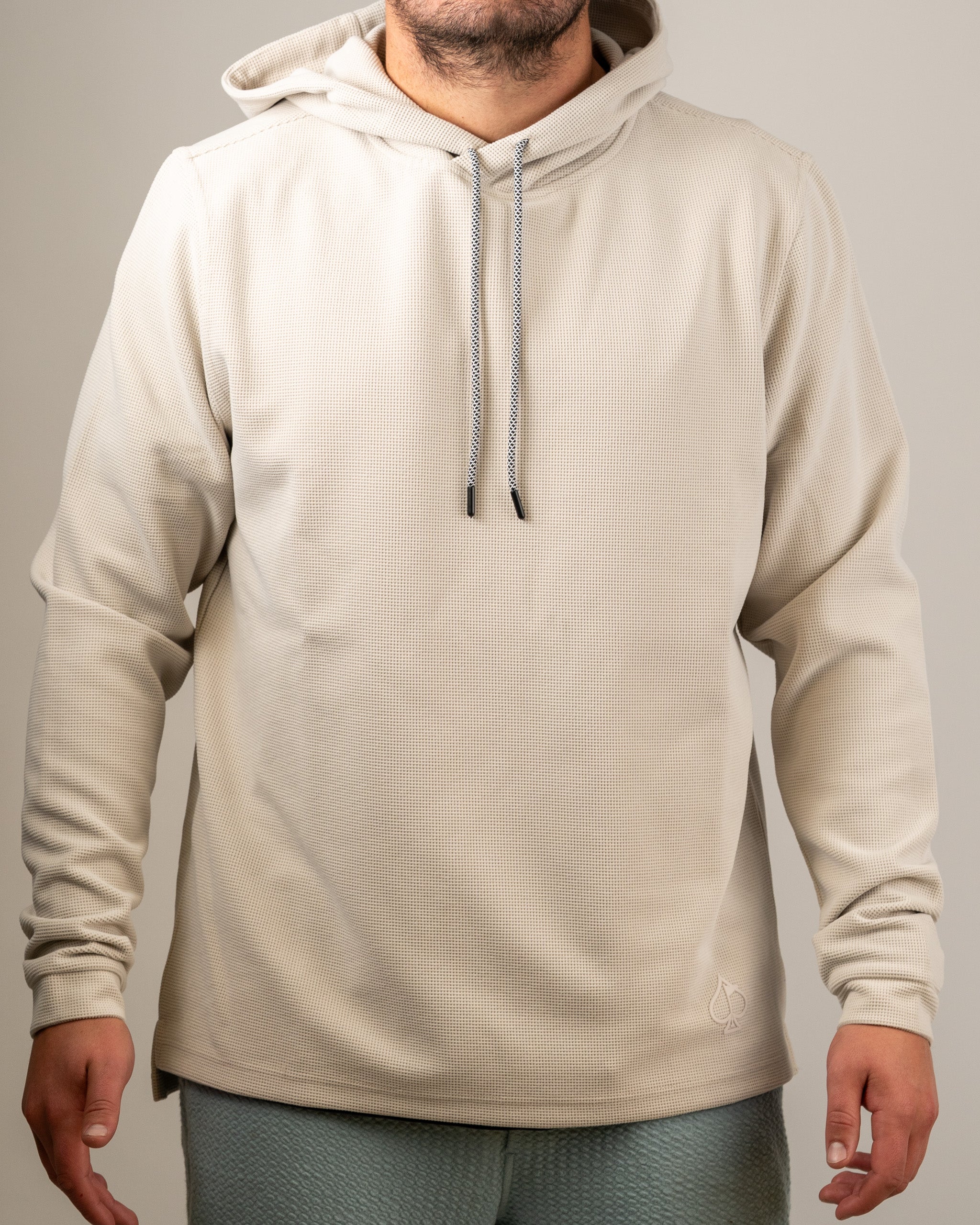 Men's Player Preferred Waffle Grid Hoodie in Dark Stone, featuring a relaxed fit and adjustable drawstring hood.