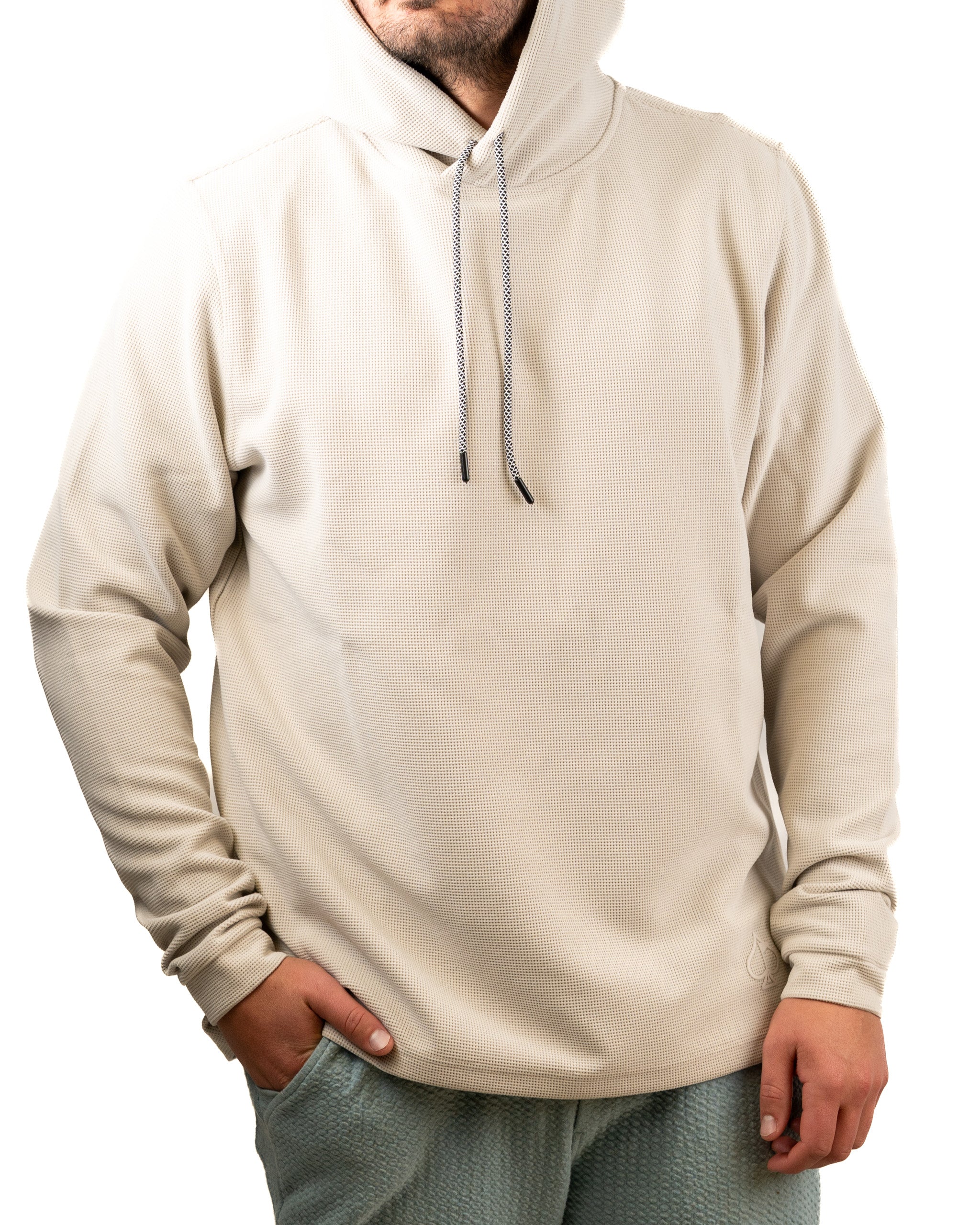 Player Preferred Waffle Grid Hoodie in Dark Stone features a relaxed fit and textured fabric, perfect for stylish comfort on the course.