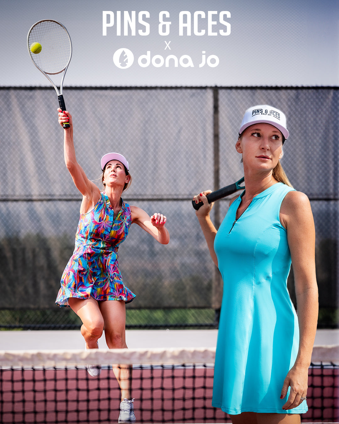 Women in colorful golf outfits and hats, one serving and one preparing to hit a tennis ball on a court, promoting bold gol...