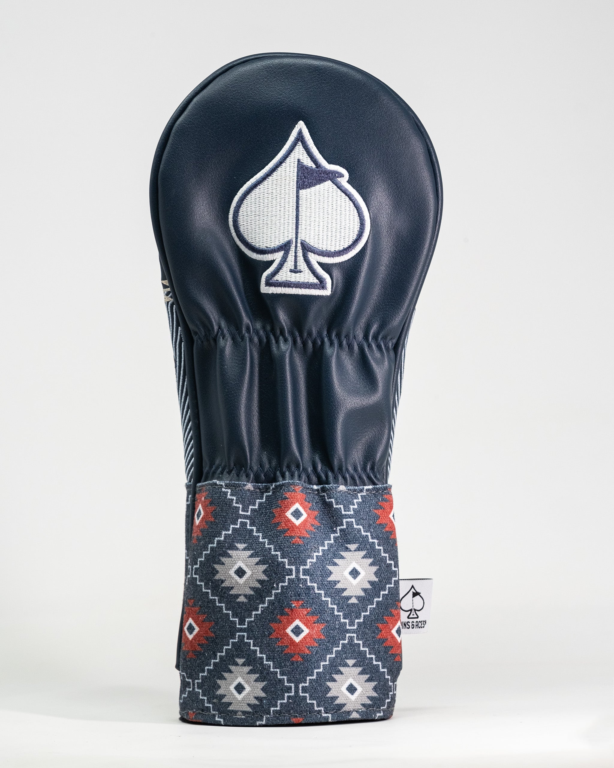 Western Aesthetic Fairway Cover featuring a navy blue leather-like material with a spade emblem and a southwestern patterned fabric at the bottom.