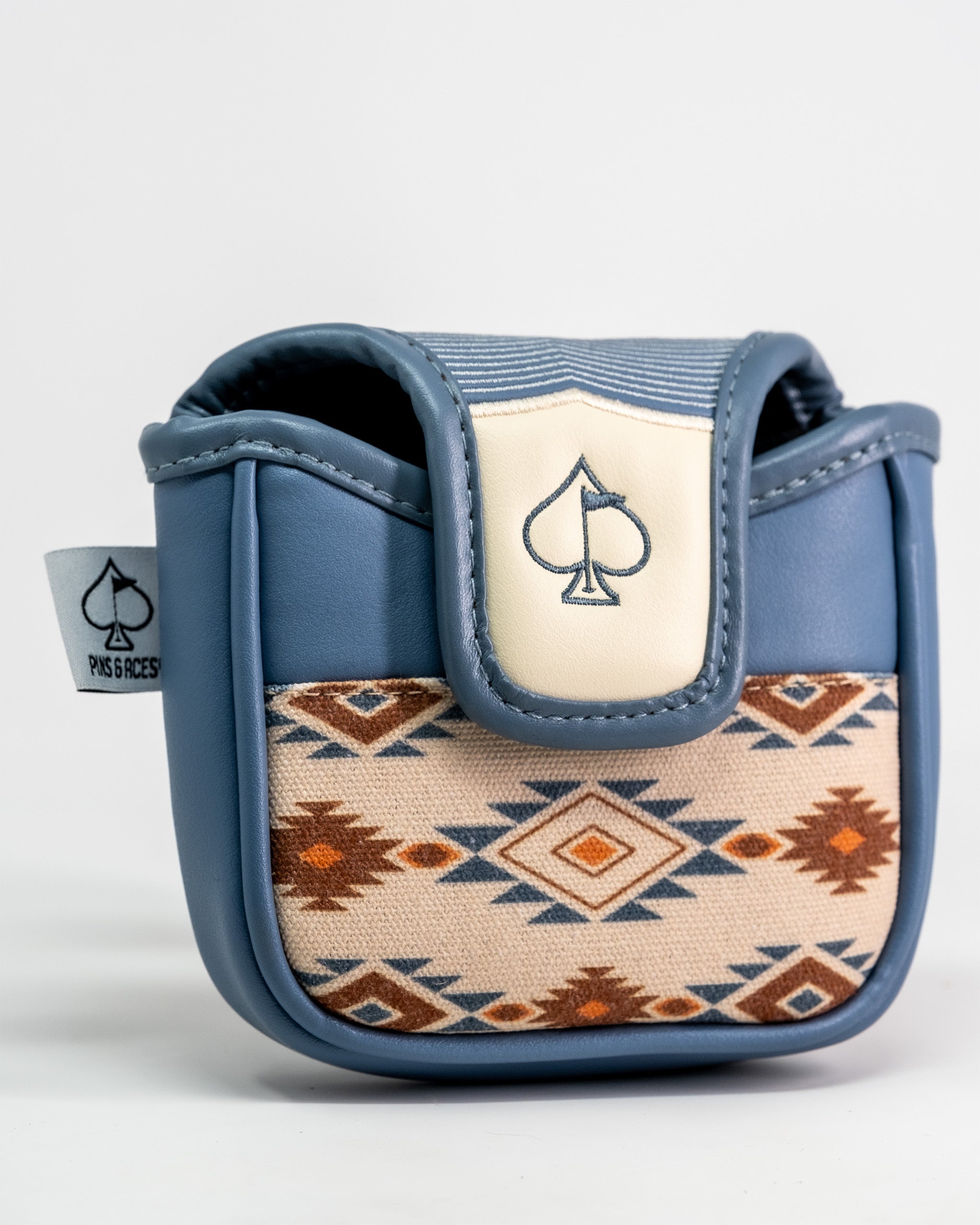 Western Aesthetic Mallet Putter Cover featuring a southwestern-inspired fabric pattern and blue faux leather accents.