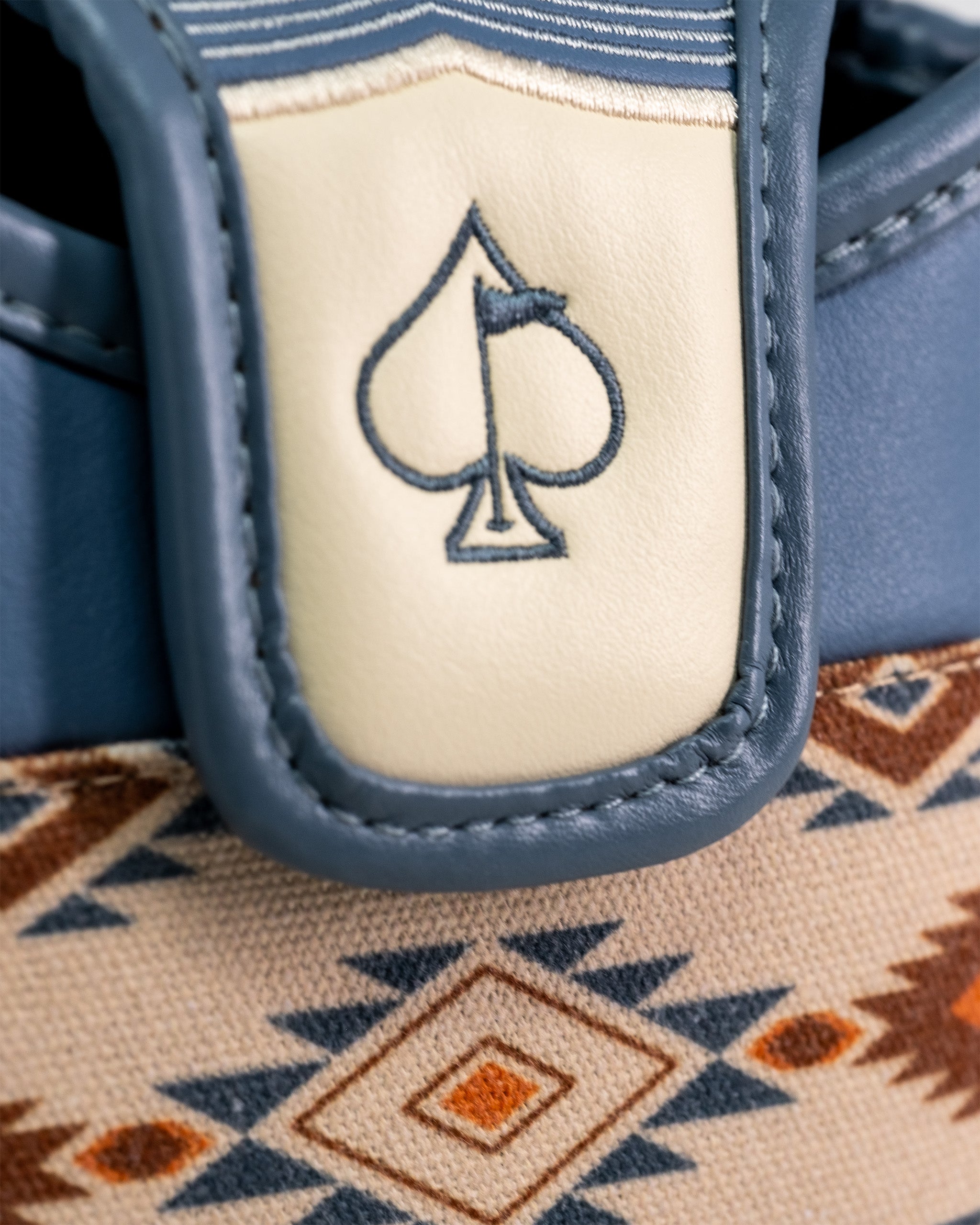 Western Aesthetic Mallet Putter Cover with a spade emblem, navy and cream colors, and southwestern patterned fabric.
