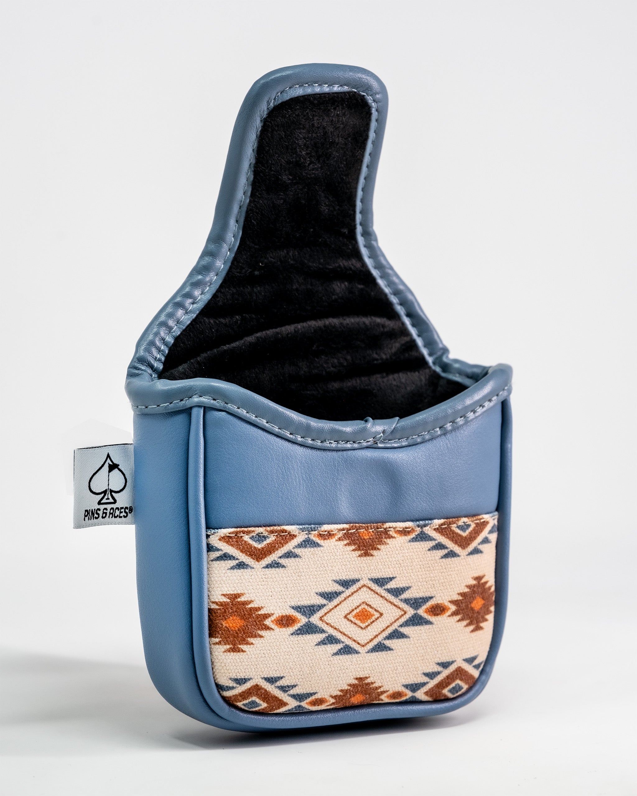Western Aesthetic Mallet Putter Cover with blue leather exterior, southwestern patterned fabric pocket, and black interior lining.