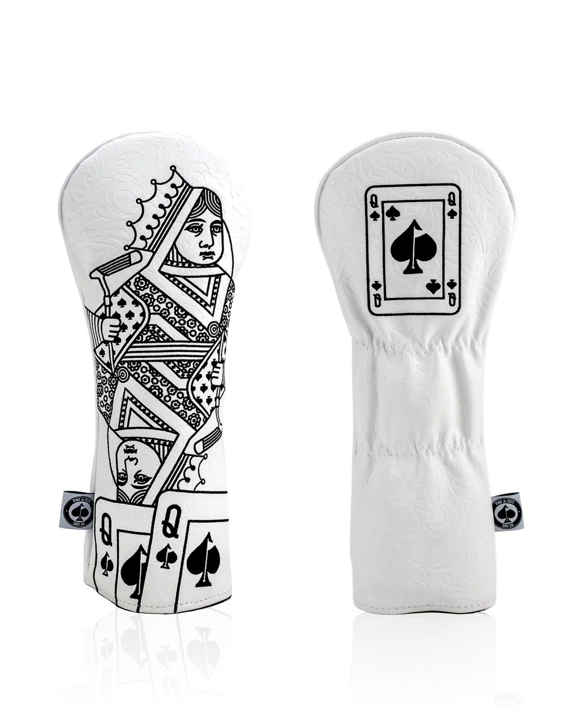 White Out Queen of Spades fairway cover featuring intricate black designs of the Queen and spade symbols on a white background.