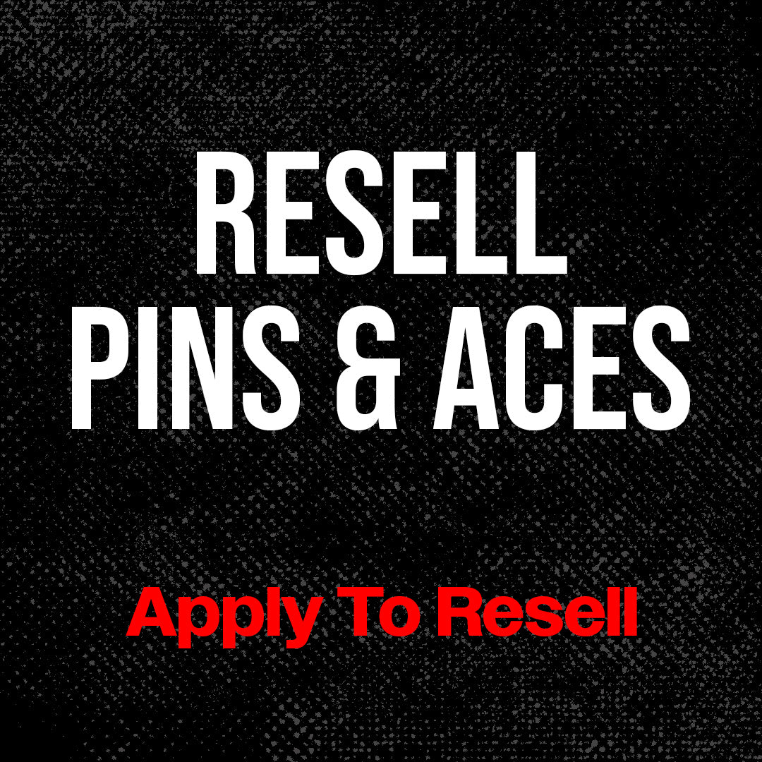 Black background with white text "Resell Pins & Aces" and red text "Apply to Resell", promoting resale of bold golf appare...