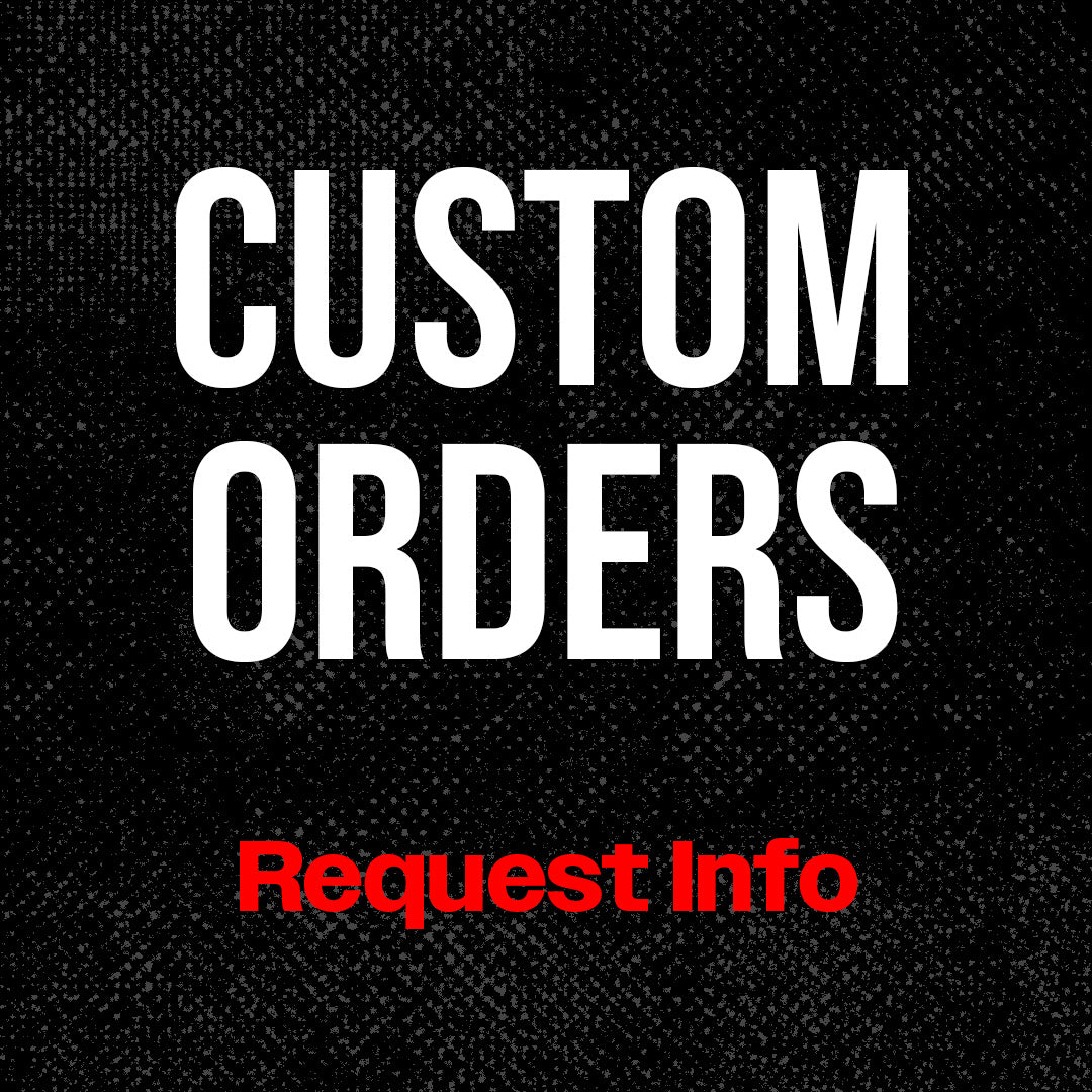 "Bold black background with white text 'Custom Orders' and red 'Request Info' for unique, standout golf apparel and access...