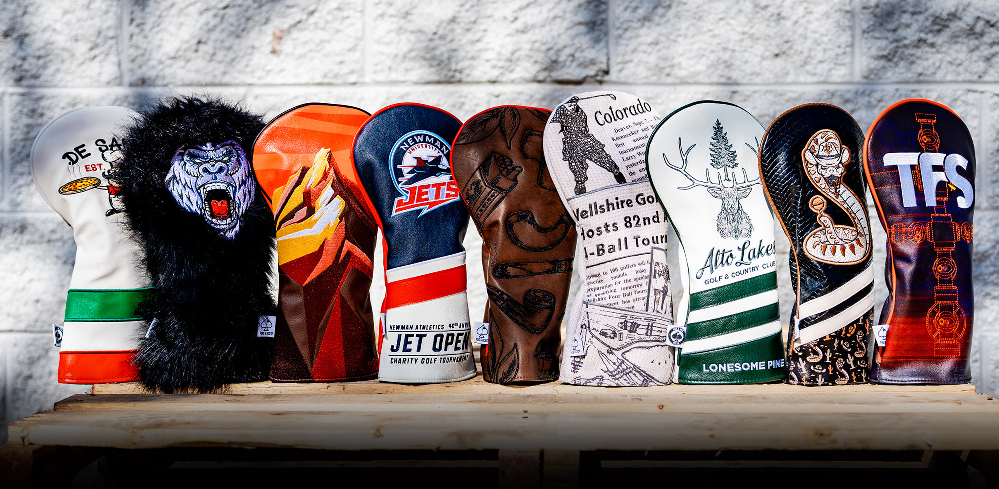 Colorful, bold golf headcovers featuring unique designs, patterns, and logos for standout style on the course.