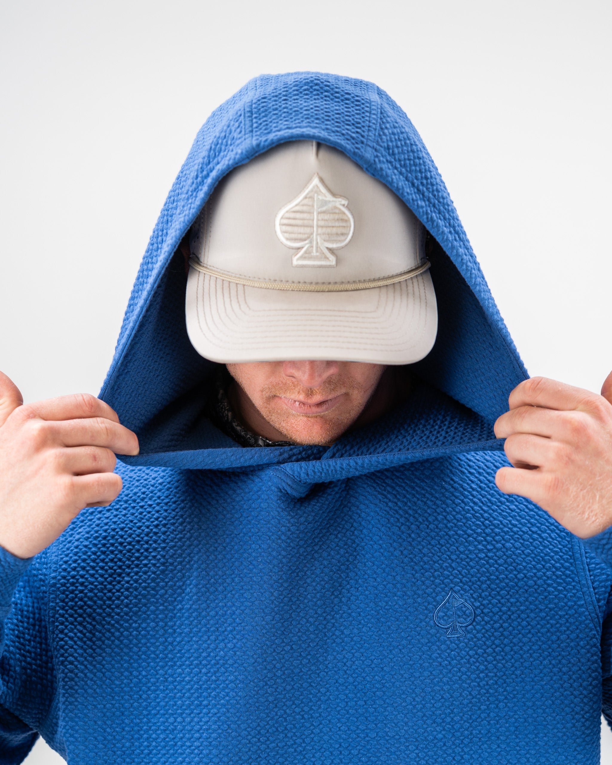 Player Preferred™ Waffle Knit Hoodie in Cobalt, featuring a textured fabric and drawstring hood.