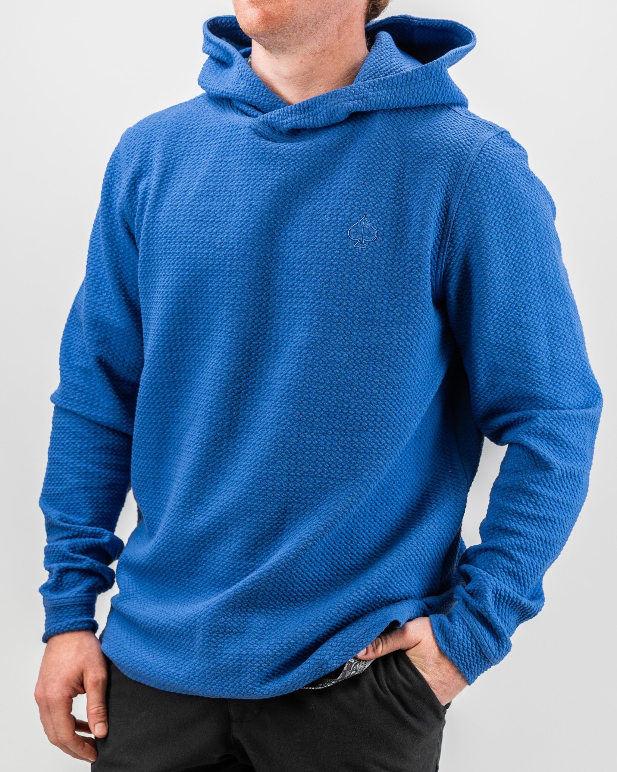 Cobalt blue Player Preferred™ waffle knit hoodie with a relaxed fit and front pocket.