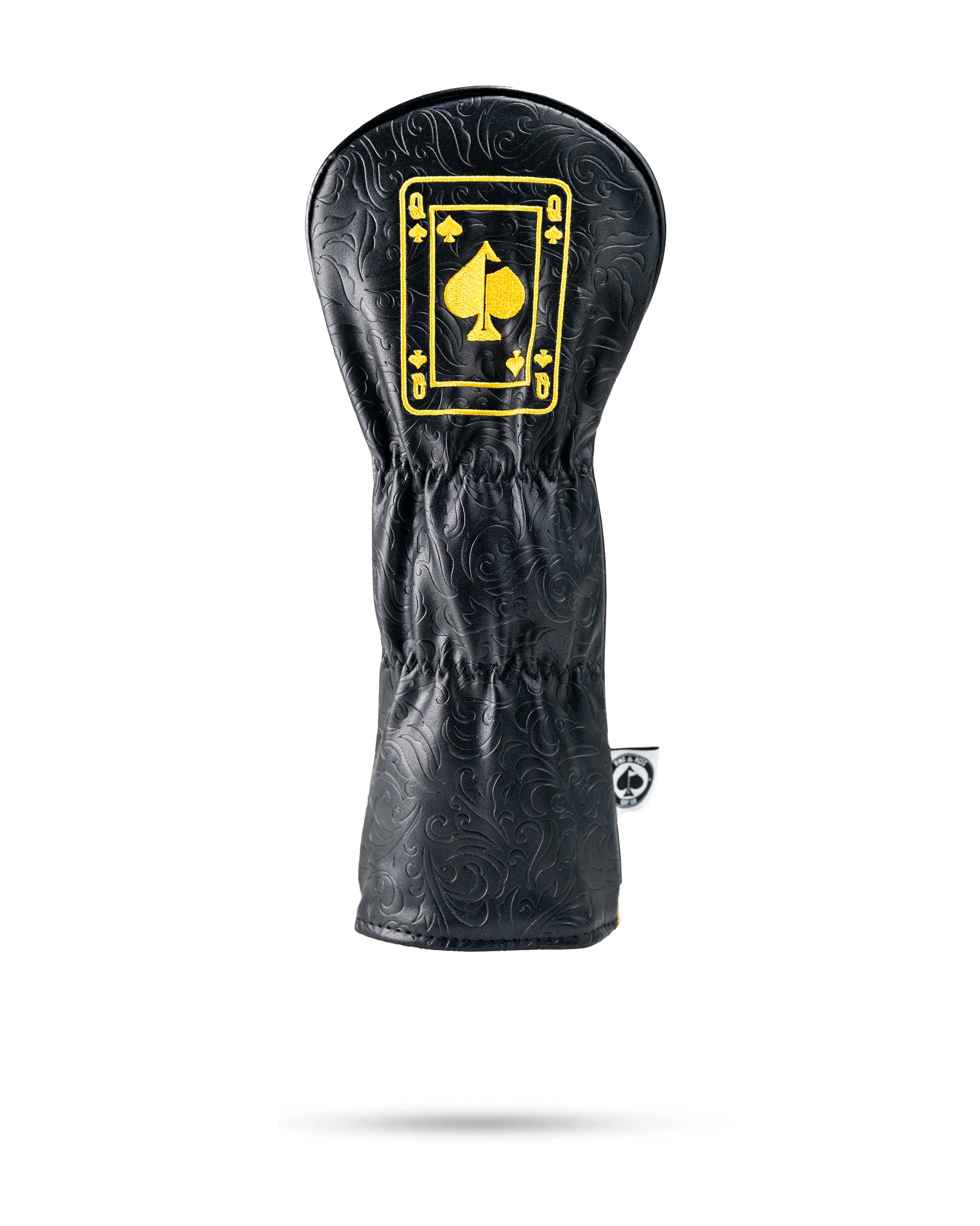 Black and gold queen of spades fairway cover for golf clubs.