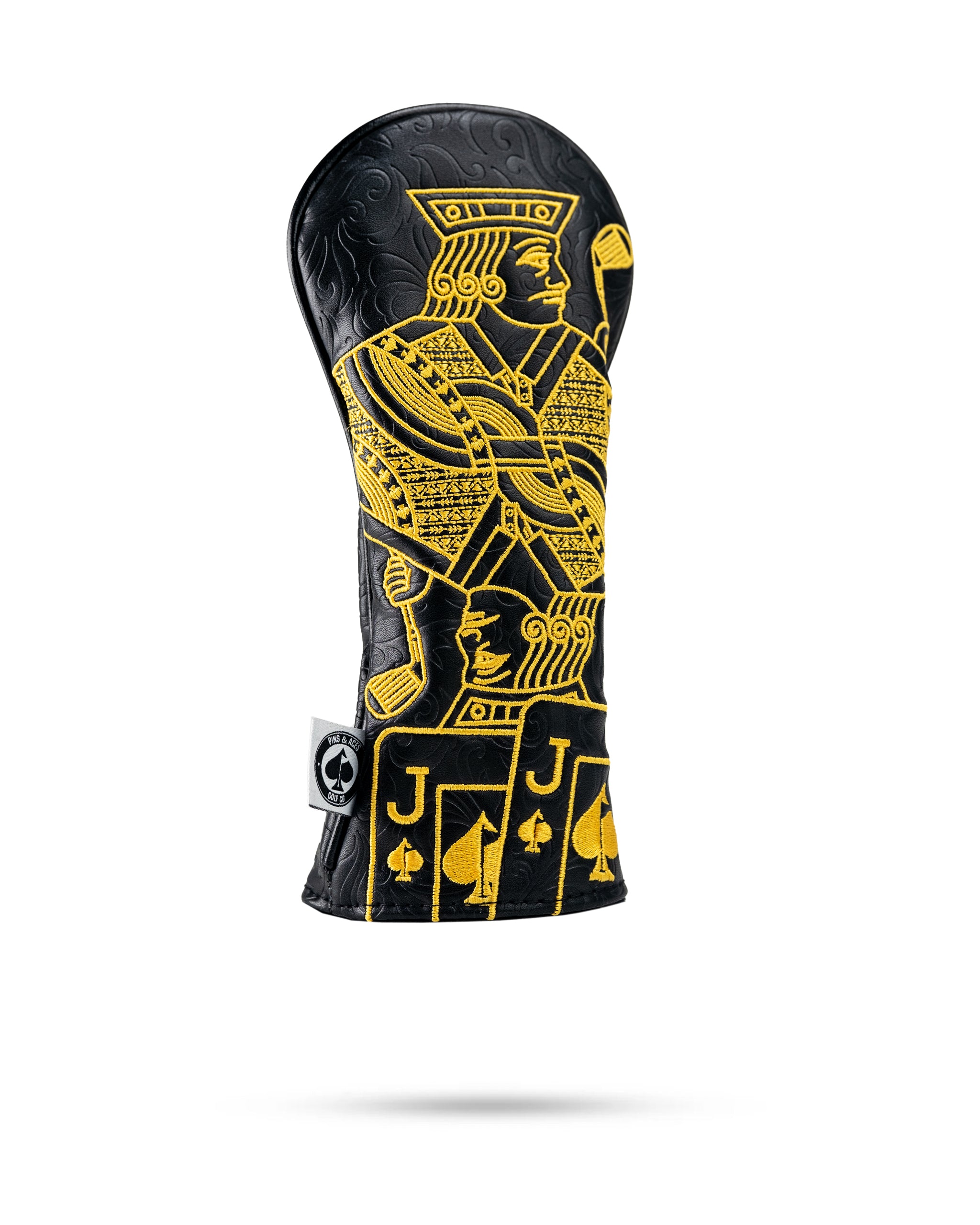 Bold black golf headcover with yellow embroidered king and playing card design, perfect for standout golfers.