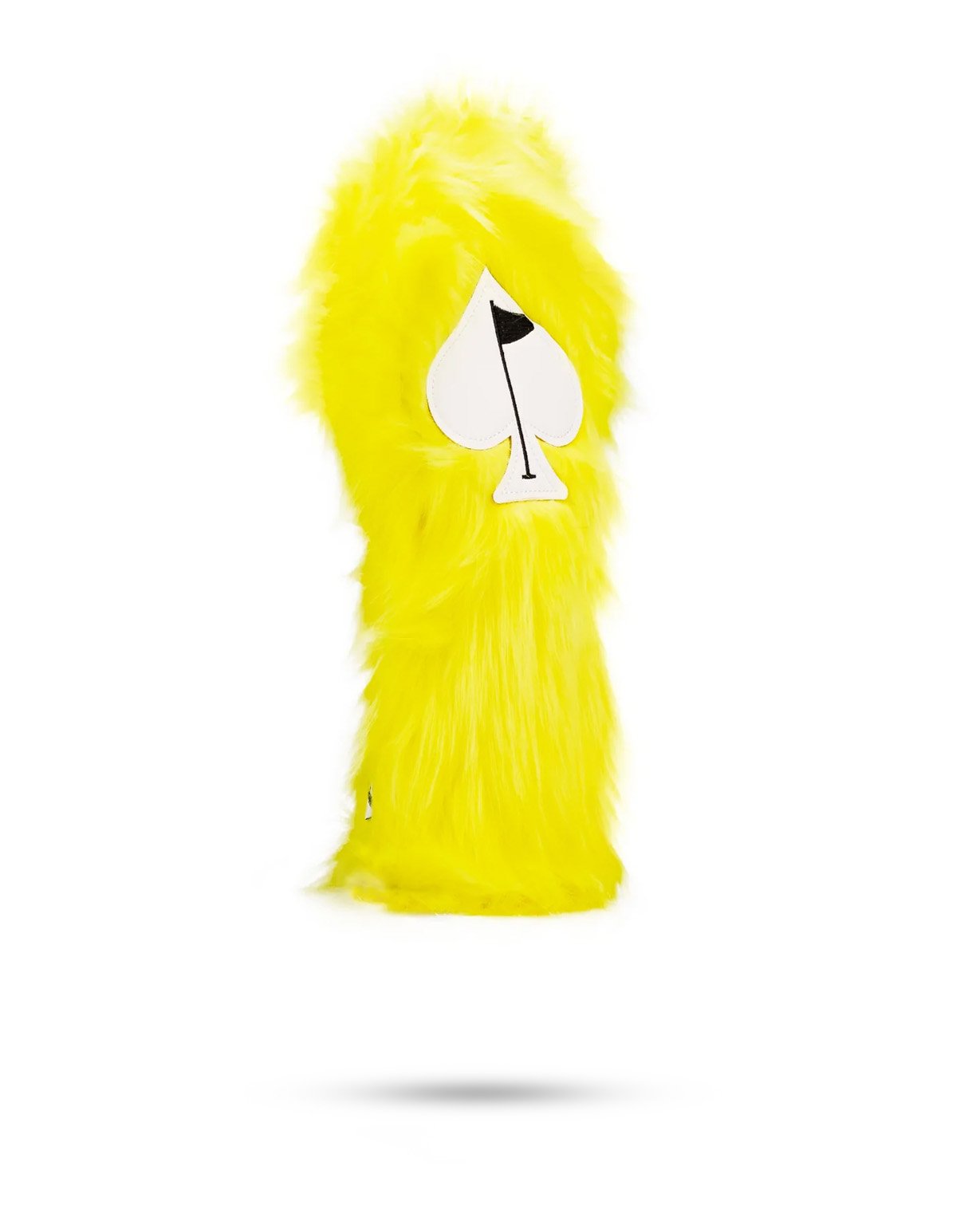 Yellow fuzzy fairway cover designed for golf clubs, featuring a soft texture and vibrant color to protect the club head while adding a playful touch to your golf gear.