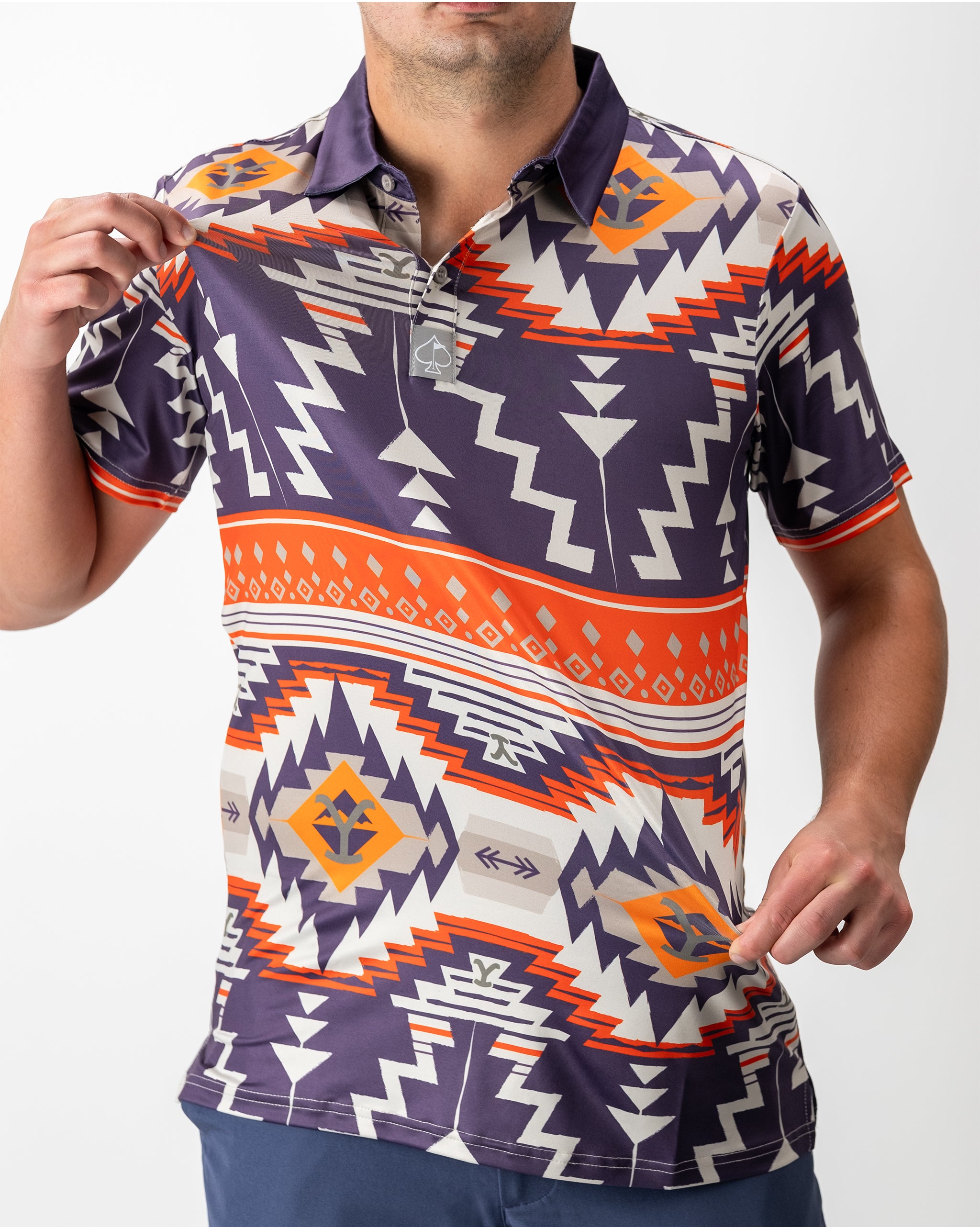 Yellowstone Rustic Ranch logo on a heather gray T-shirt, featuring a silhouette of mountains and trees against a vintage-style design.