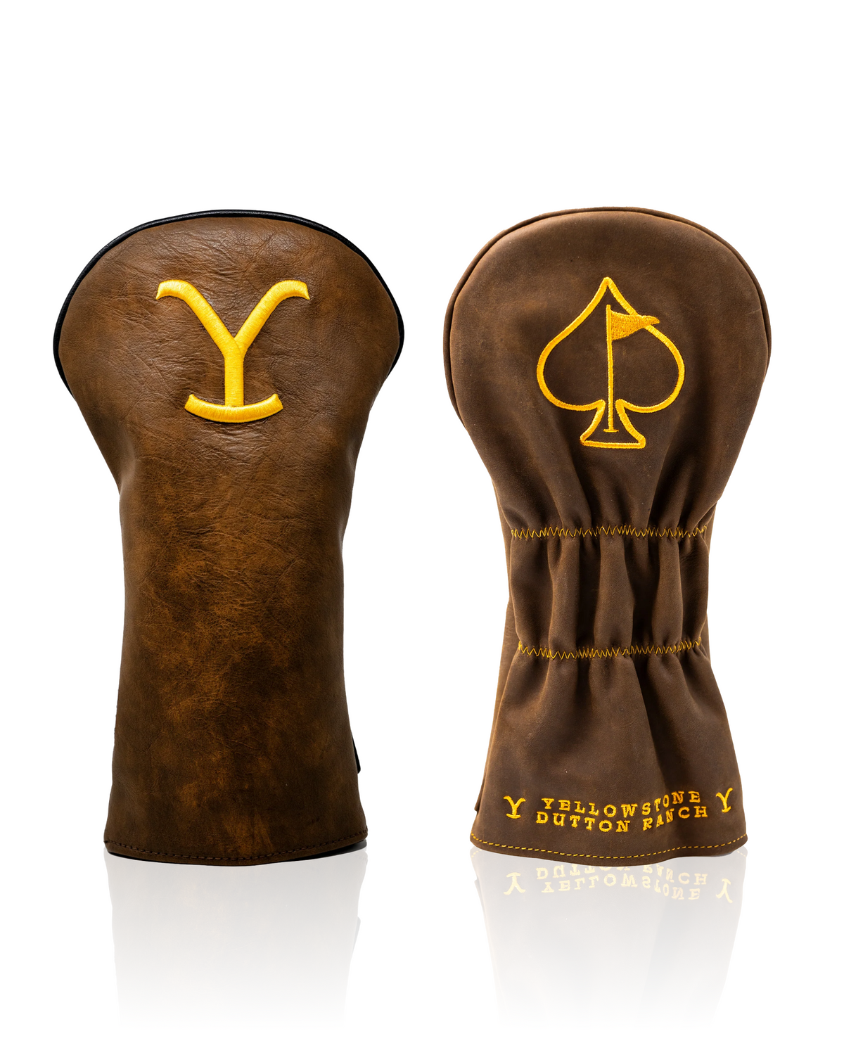 Stylish Yellowstone driver cover featuring a leather design with a bold yellow "Y" logo and spade emblem for golfers.