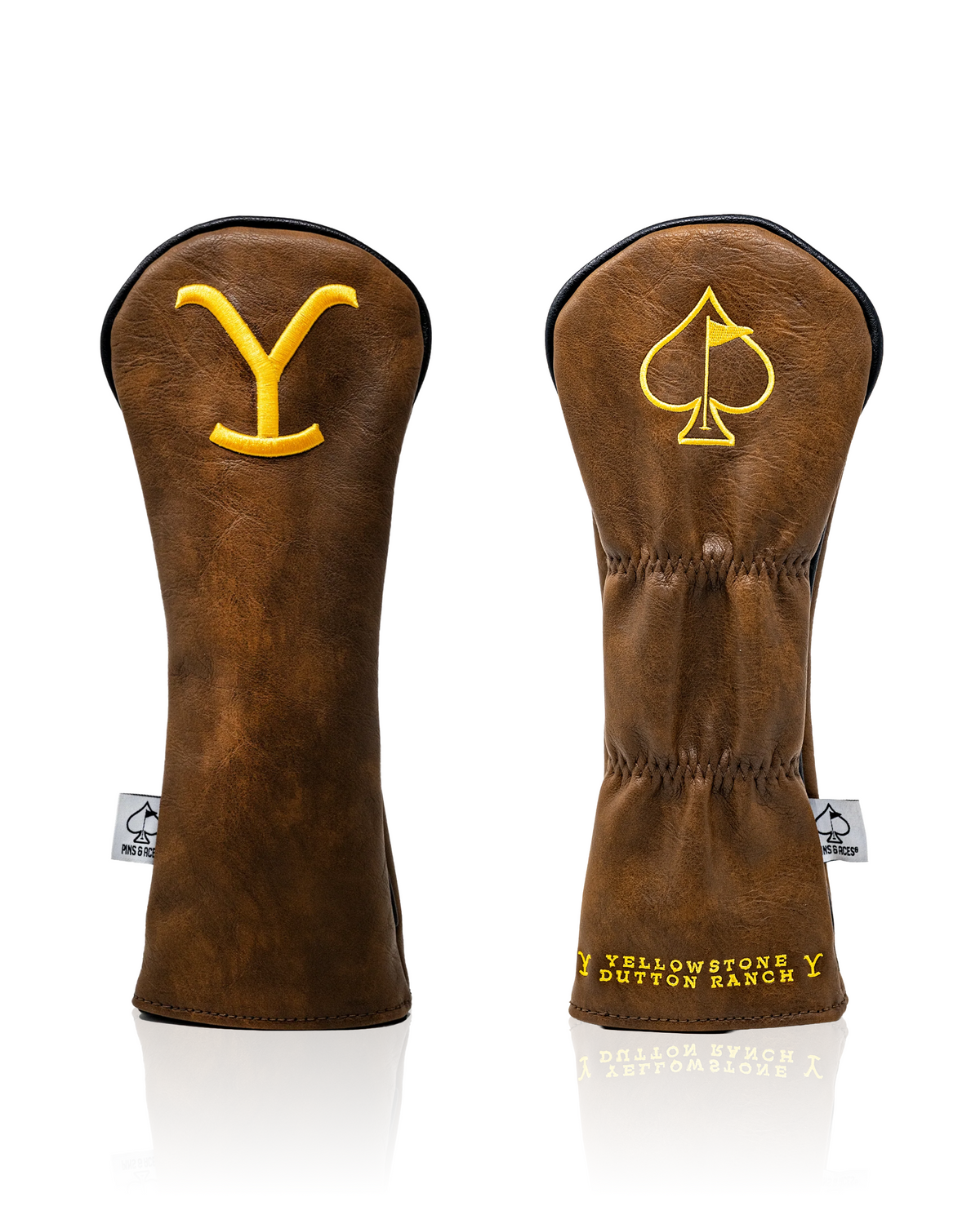 Yellowstone Fairway Cover featuring a brown leather design with yellow embroidery of the letter Y and a spade symbol.