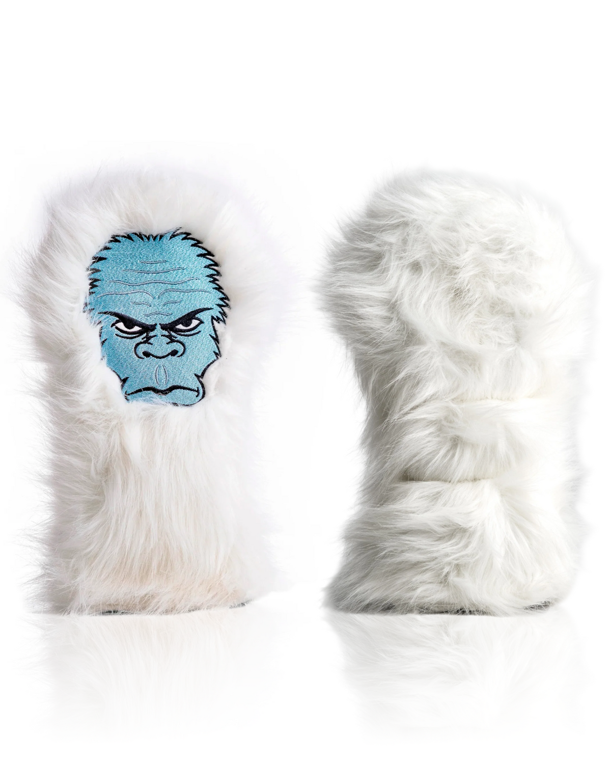 Yeti driver cover with a fluffy white exterior and a blue yeti face design, perfect for adding style to your golf bag.