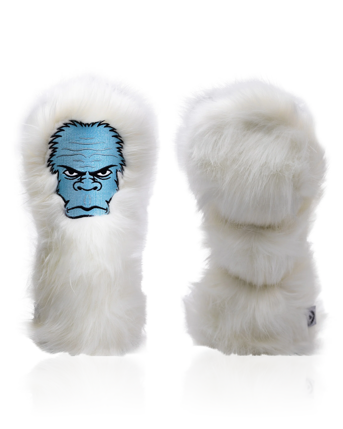 Yeti fairway cover featuring a fluffy white design and a blue-eyed gorilla graphic, perfect for bold golf style.