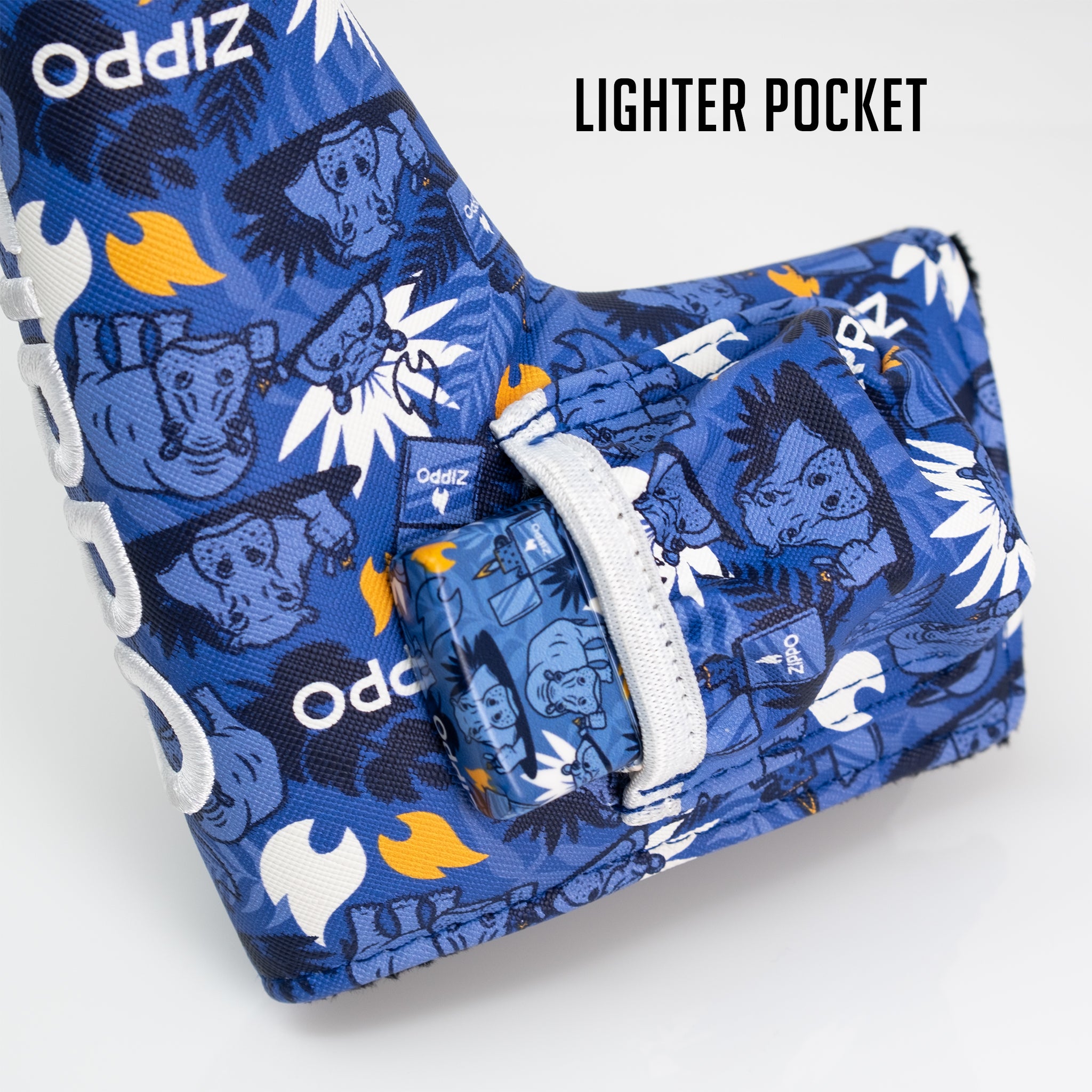 Bright blue golf headcover with cartoon characters, white accents, and "odpz" branding, featuring a lighter pocket for acc...