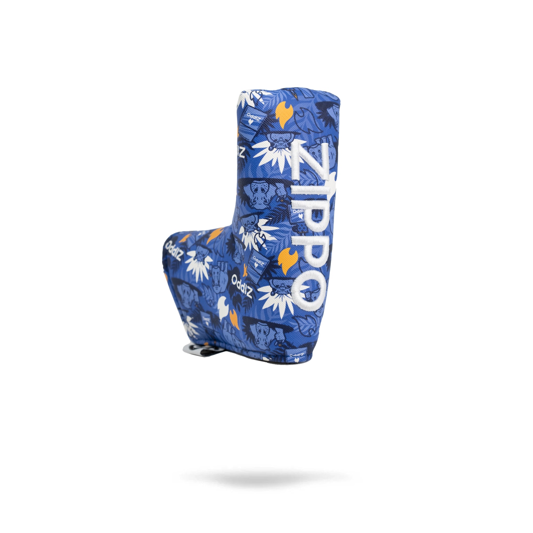 Blue golf club headcover with bold animal and leaf print, large white "NLP" text, and orange accents, for standout style o...