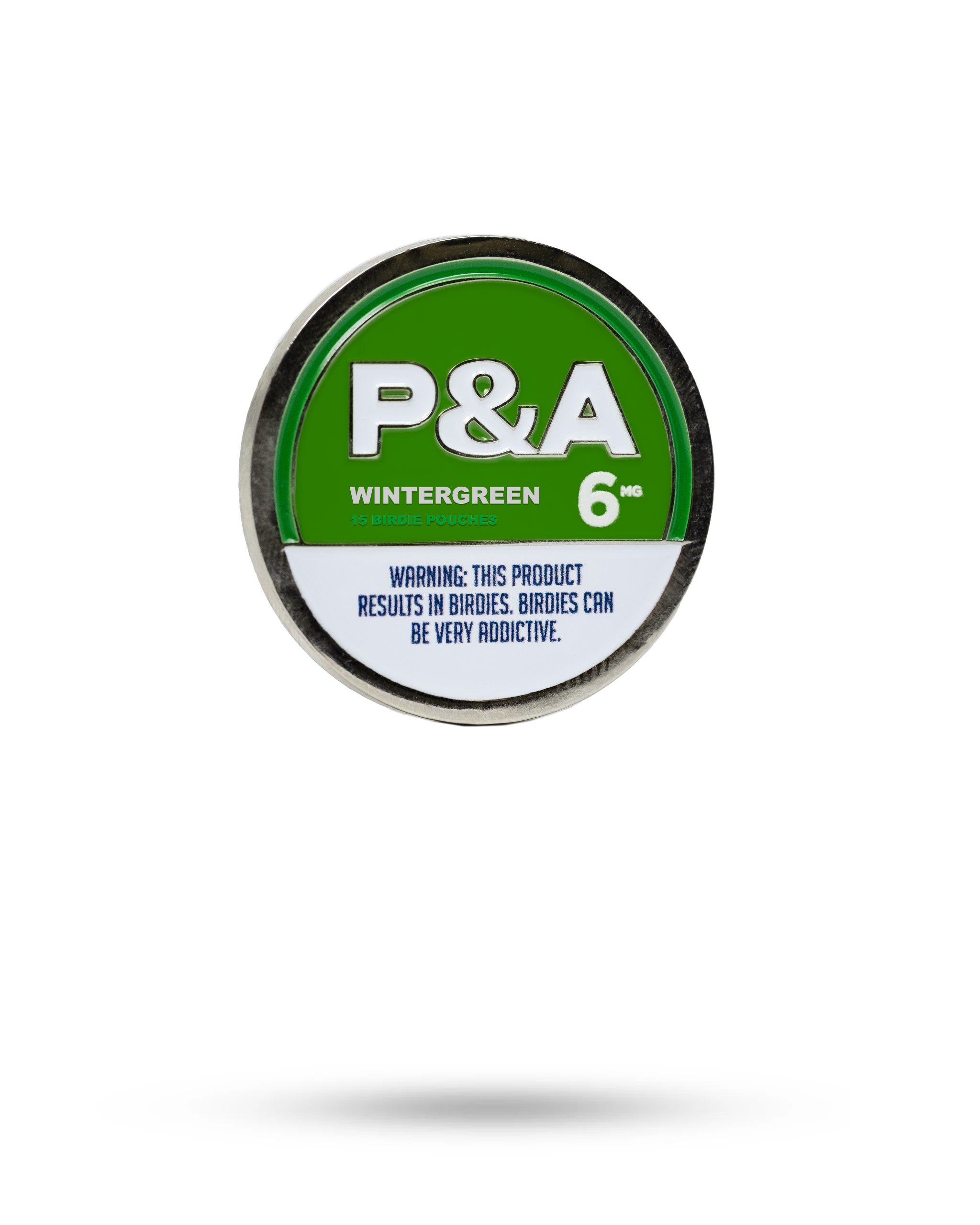 Alt Text: "P&A Wintergreen 6 mg ball marker displayed on a white background, featuring a vibrant green label with white text and a warning about the product's addictive nature. The marker contains 15 birdie pouches."