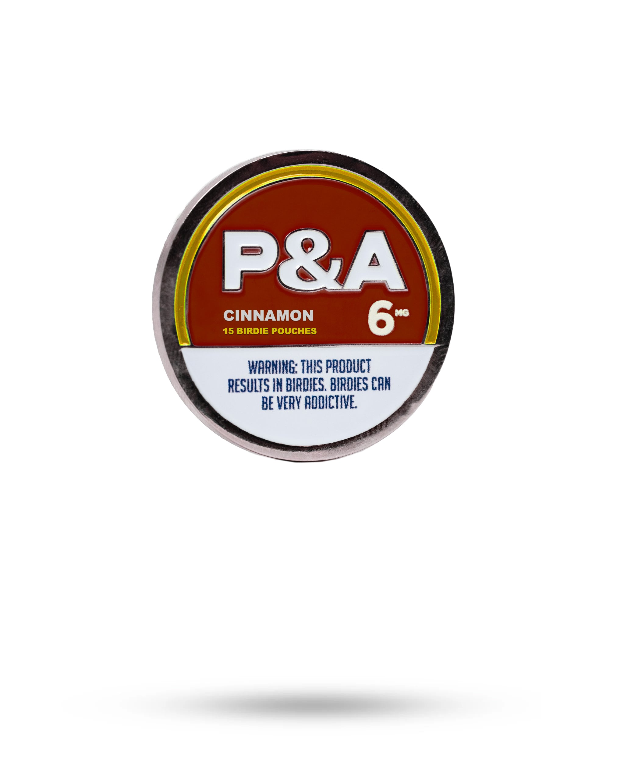 "6 Milly Cinnamon Ball Marker featuring P&A branding and a warning about addiction to birdies.