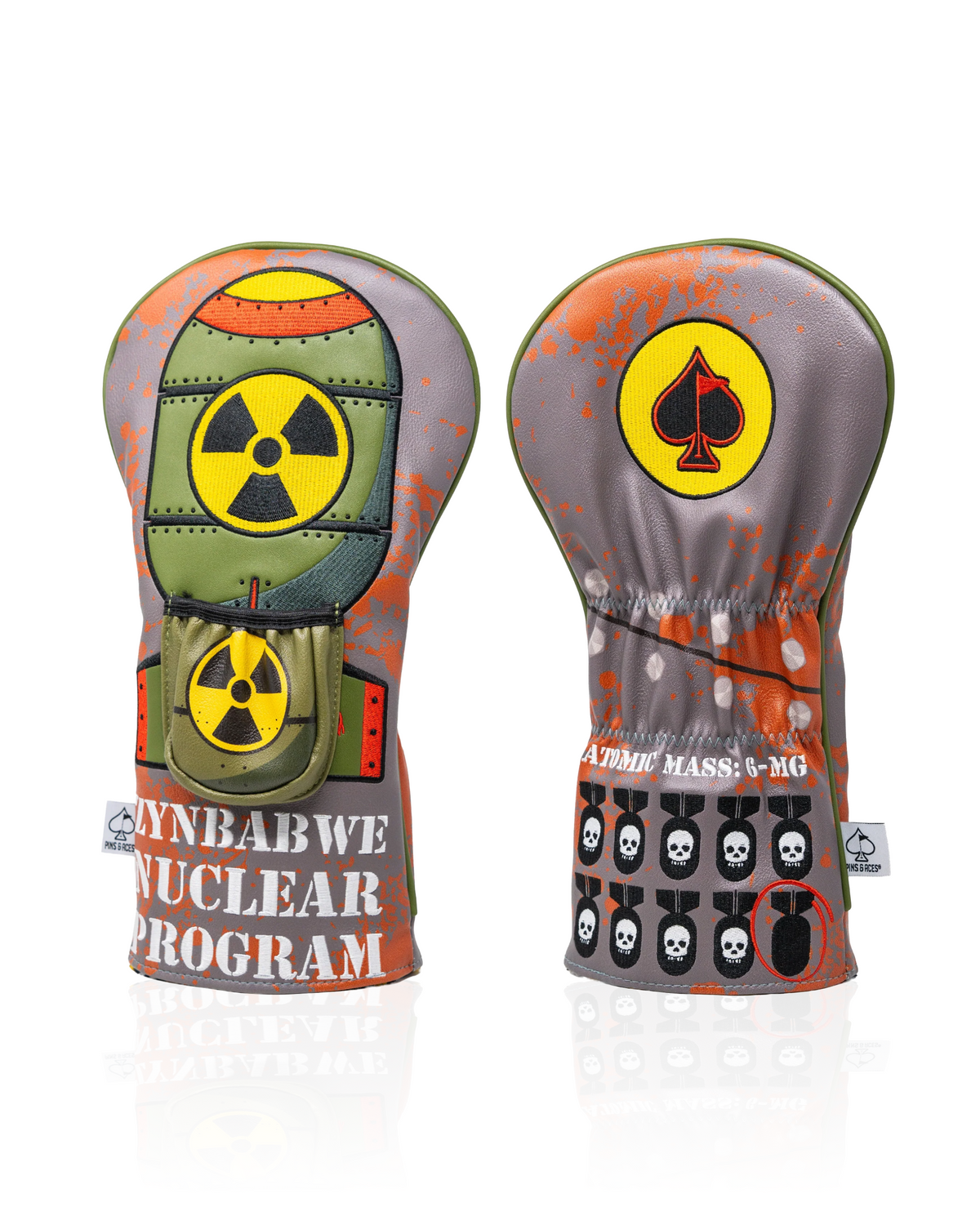 Bold golf driver cover featuring a colorful nuclear theme with radiation symbols and playful graphics, perfect for standout style on the course.