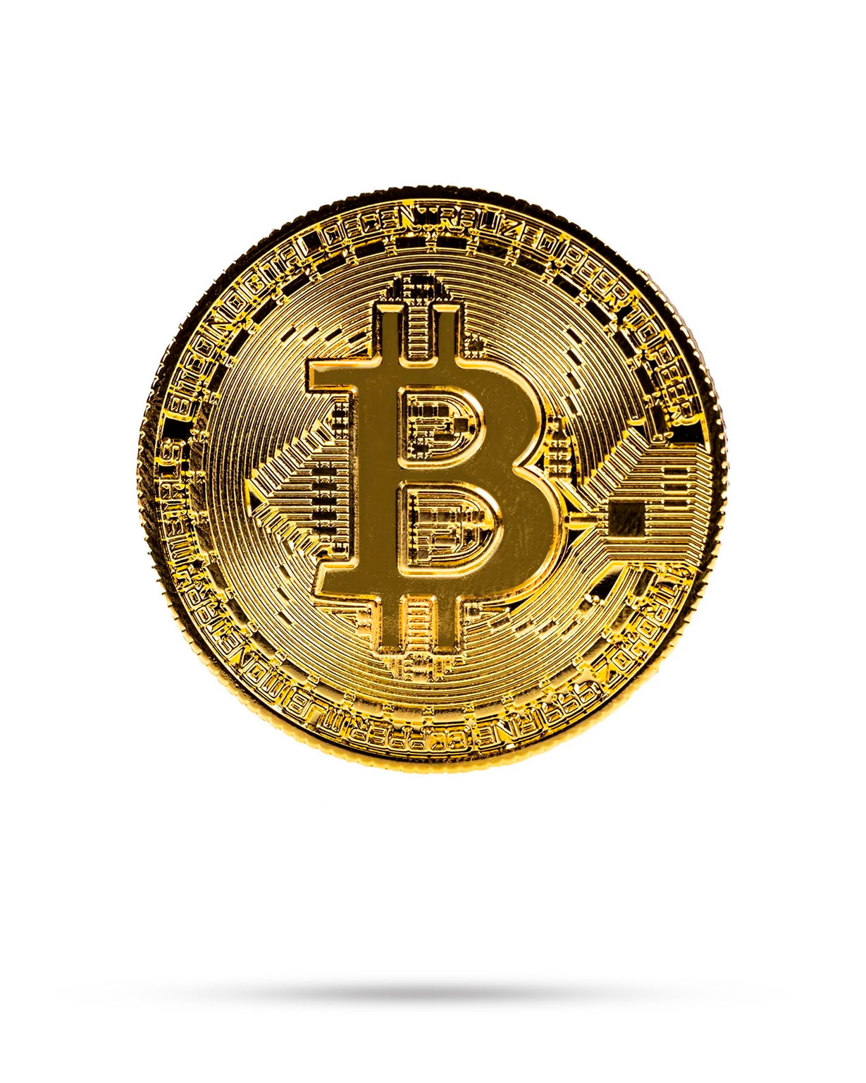 Bitcoin ball marker featuring a gold and black design with the Bitcoin logo, ideal for golfers.