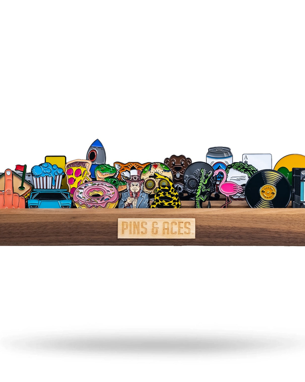 Ball marker display featuring a variety of colorful golf ball markers, housed in a sleek, white holder.