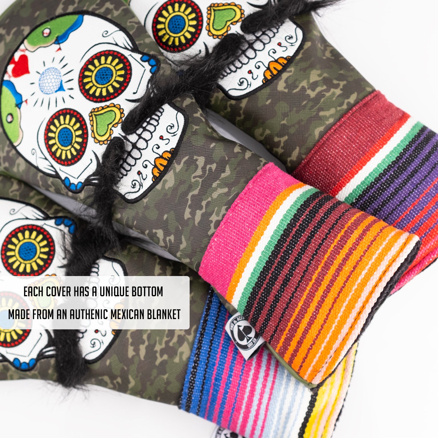 Mustache Sugar Skull fairway cover in green camo pattern, featuring detailed sugar skull design and vibrant colors, ideal for golf enthusiasts.