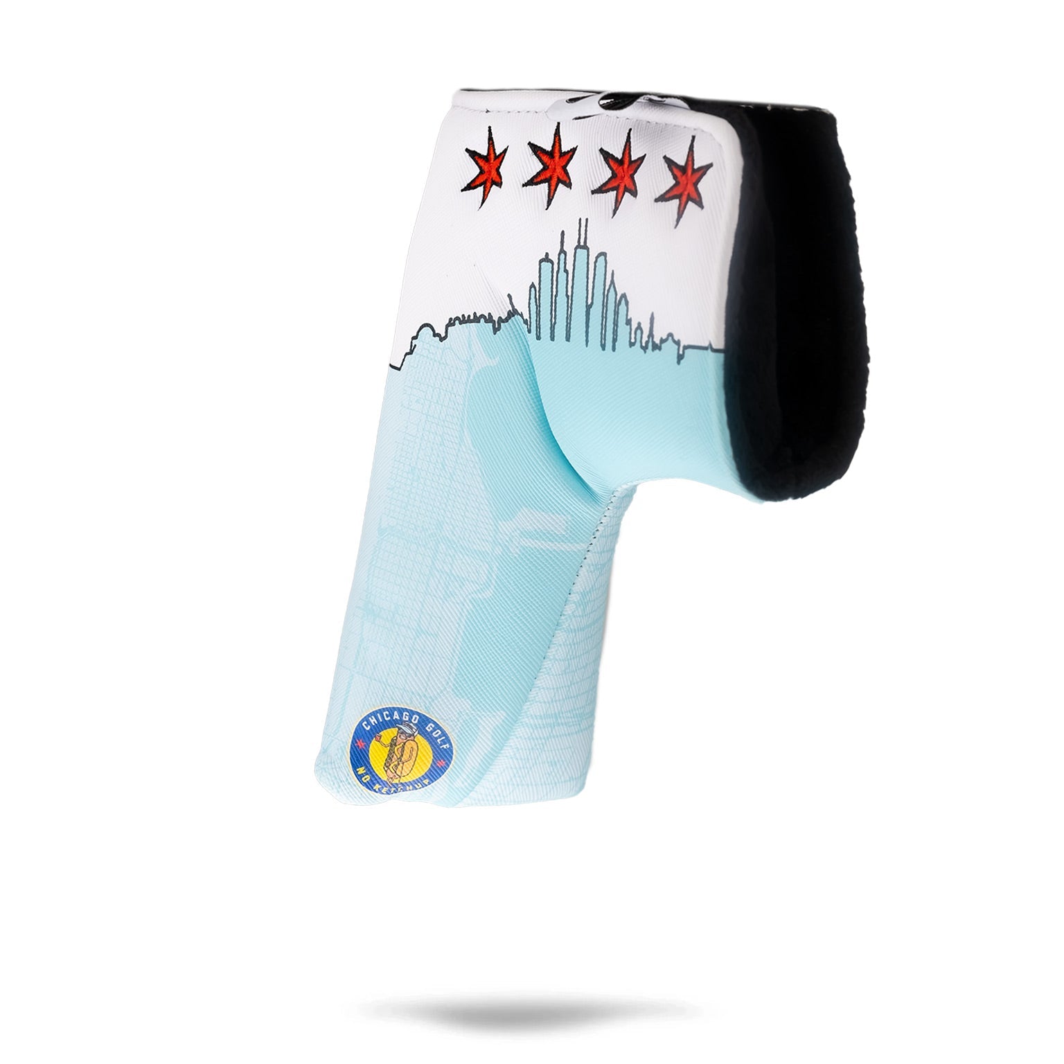 Chicago Dog Blade Putter Cover featuring a vibrant design with a dog motif, zipper closure, and padded protection for golf clubs.