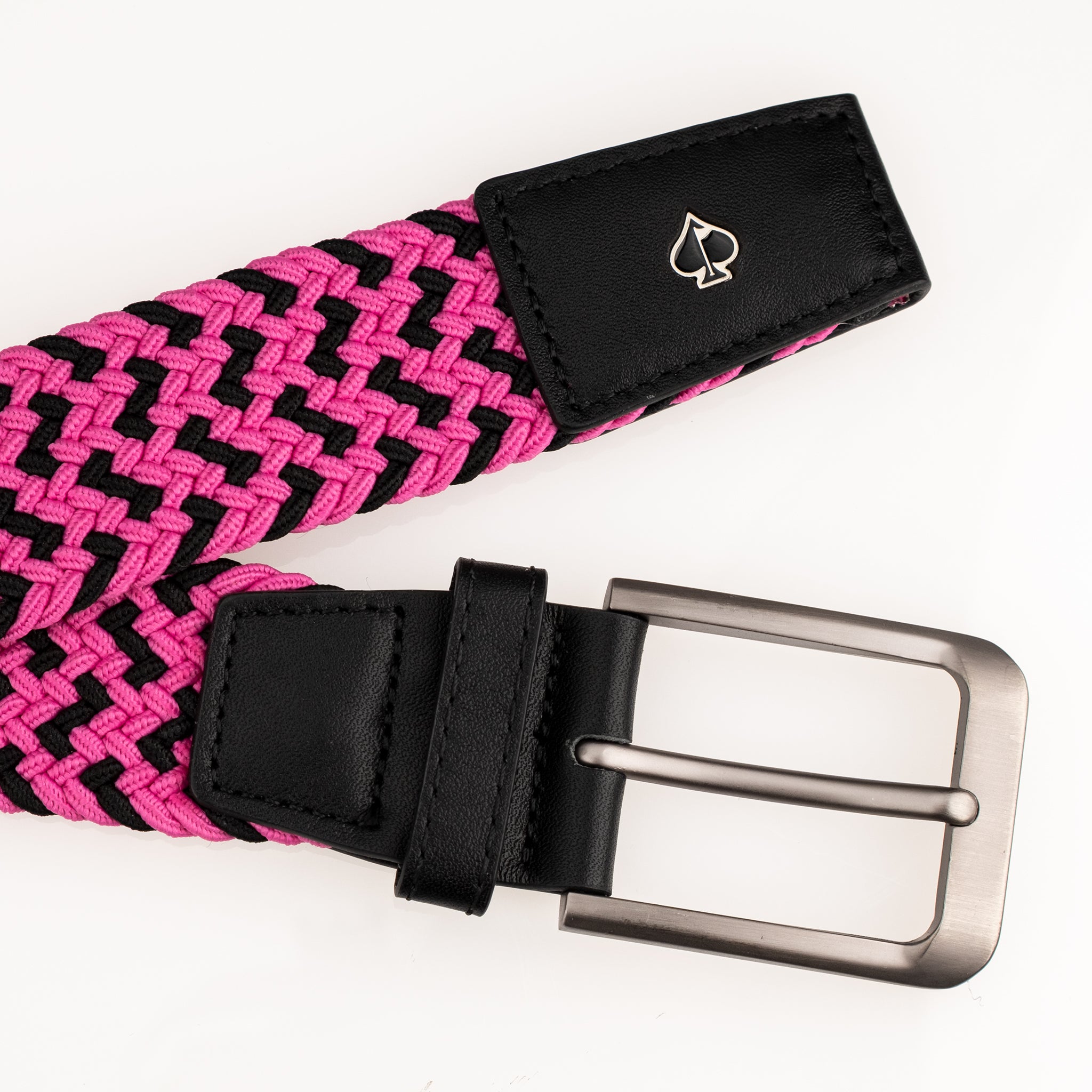 Pink pins belt with decorative studs, displayed on a neutral background.