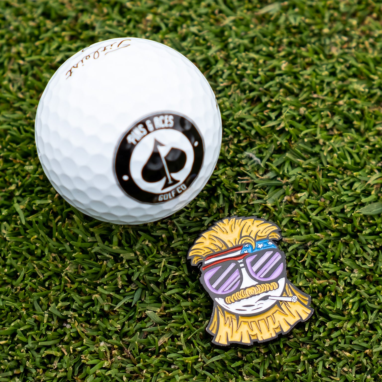 "Colorful Dale the Degenerate Ball Marker featuring a playful design with vibrant graphics."