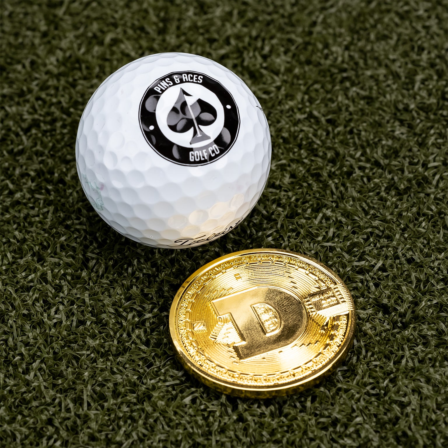 Dogecoin ball marker featuring the iconic Shiba Inu logo on a circular design.