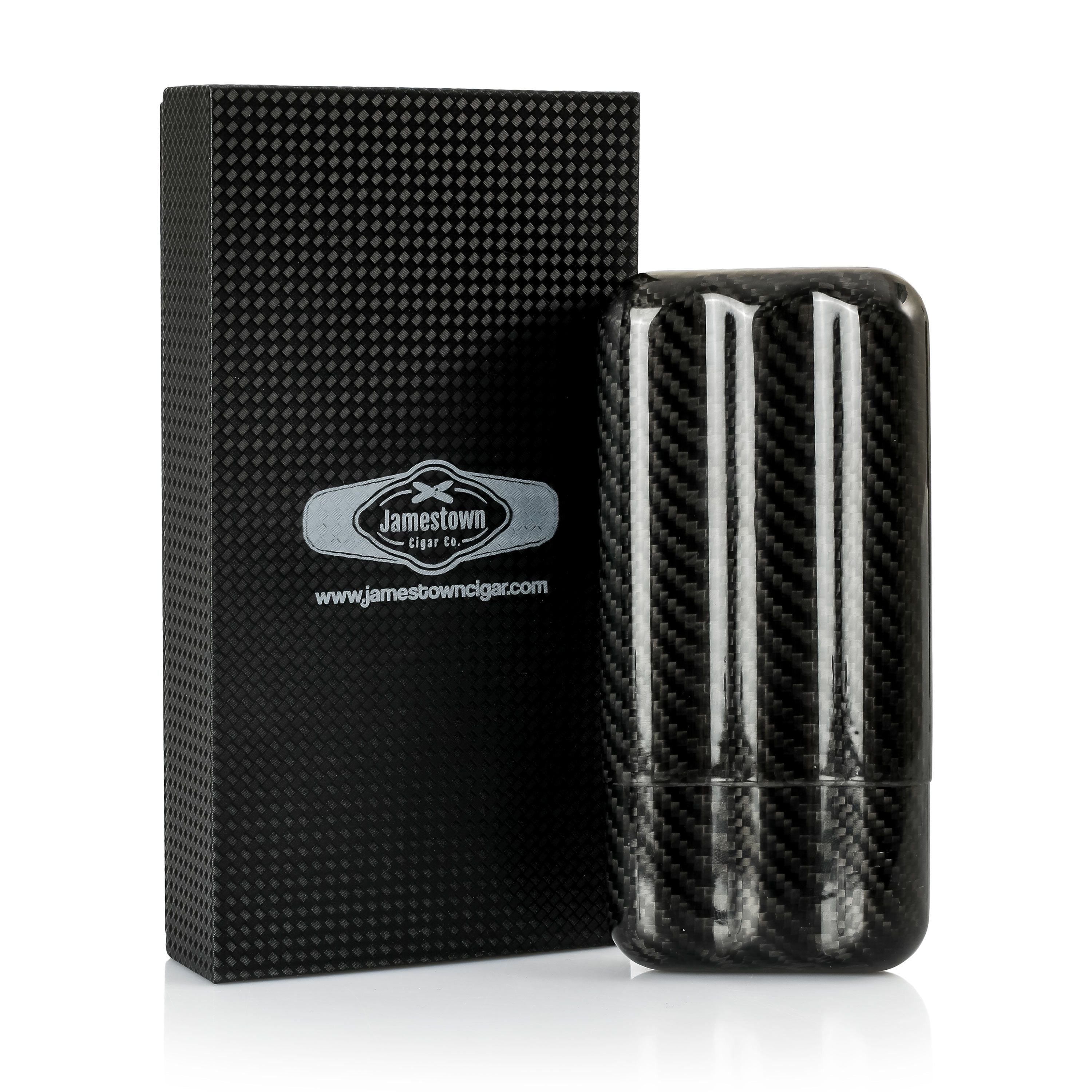 Carbon fiber cigar case with three slots, featuring a sleek and modern design, ideal for storing cigars securely.