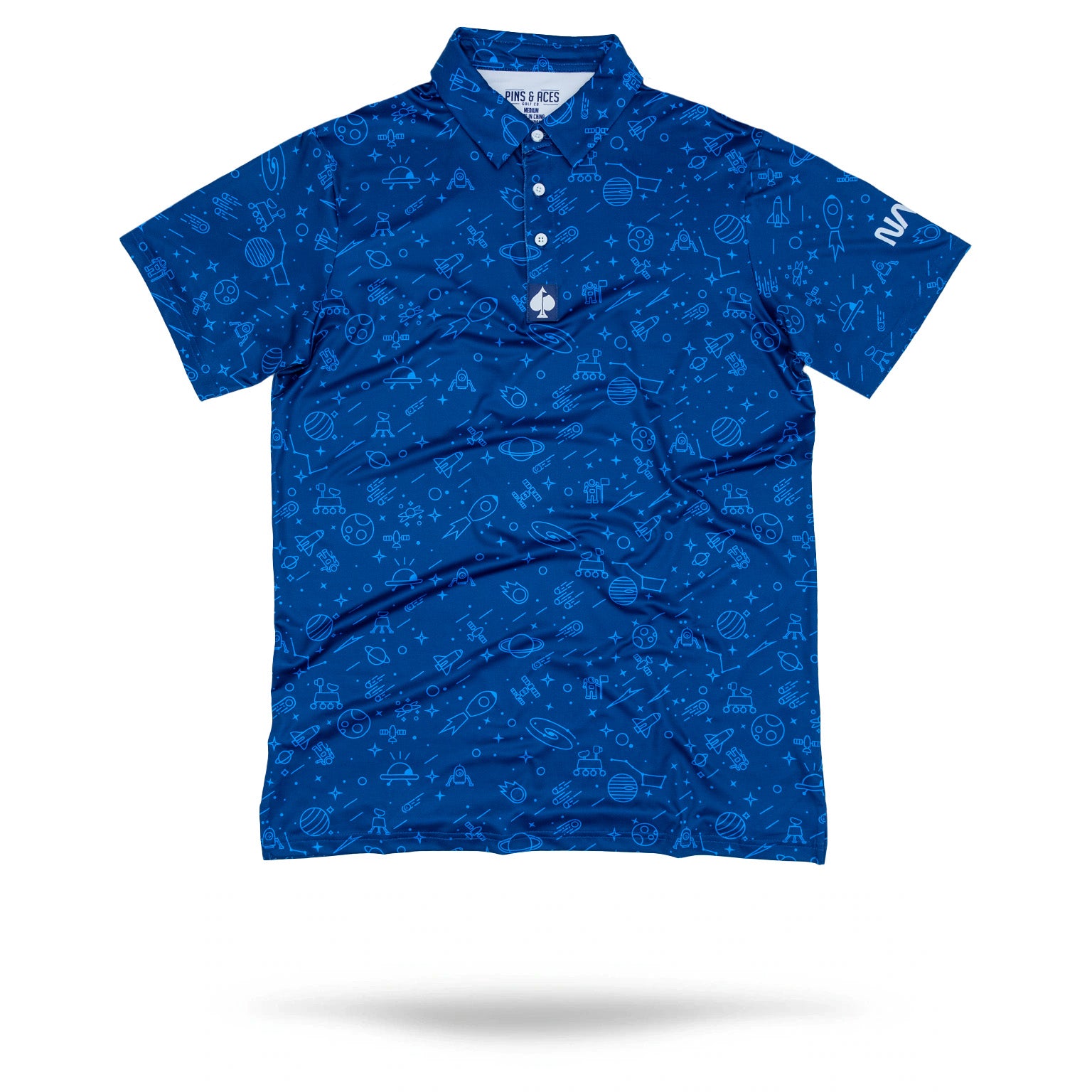 "Men's navy blue NASA polo shirt with embroidered logo."