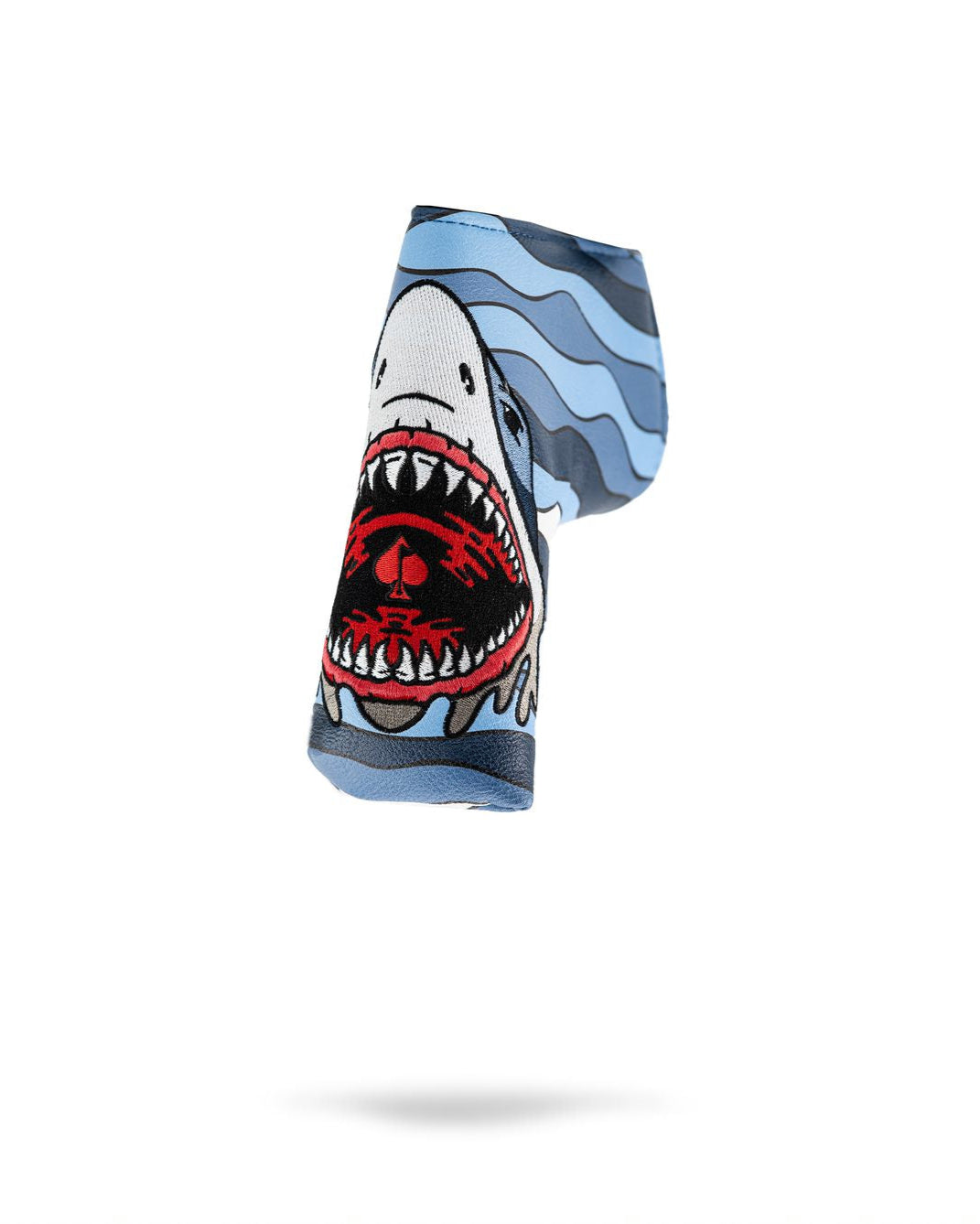 Shark Attack Blade Putter Cover featuring a vibrant shark design and durable material, perfect for golf enthusiasts.
