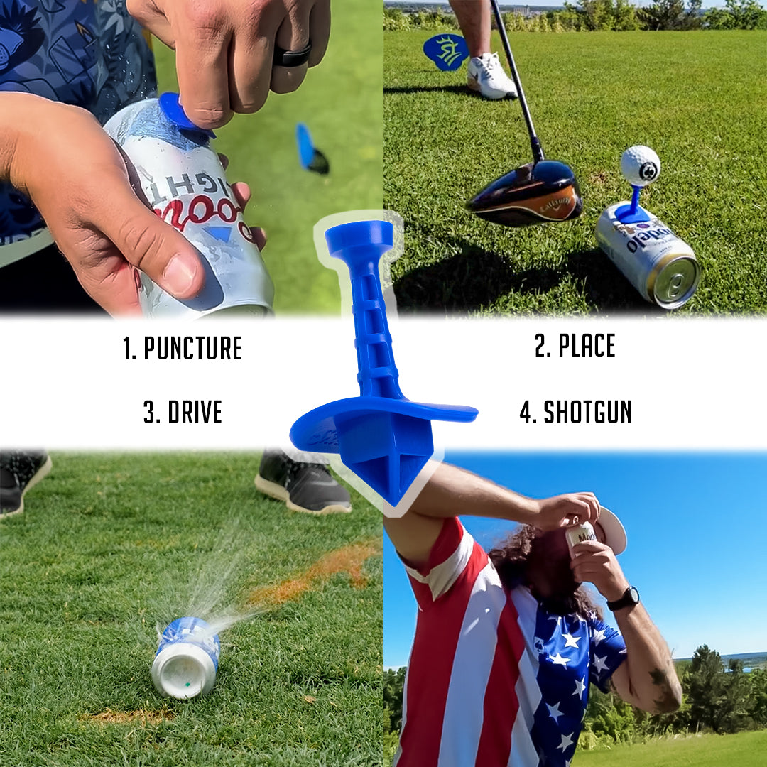 The Shottee Golf Tee RWB 3 Pack features a blue reusable tee with a wide base, designed for puncturing, placing, and driving golf balls.