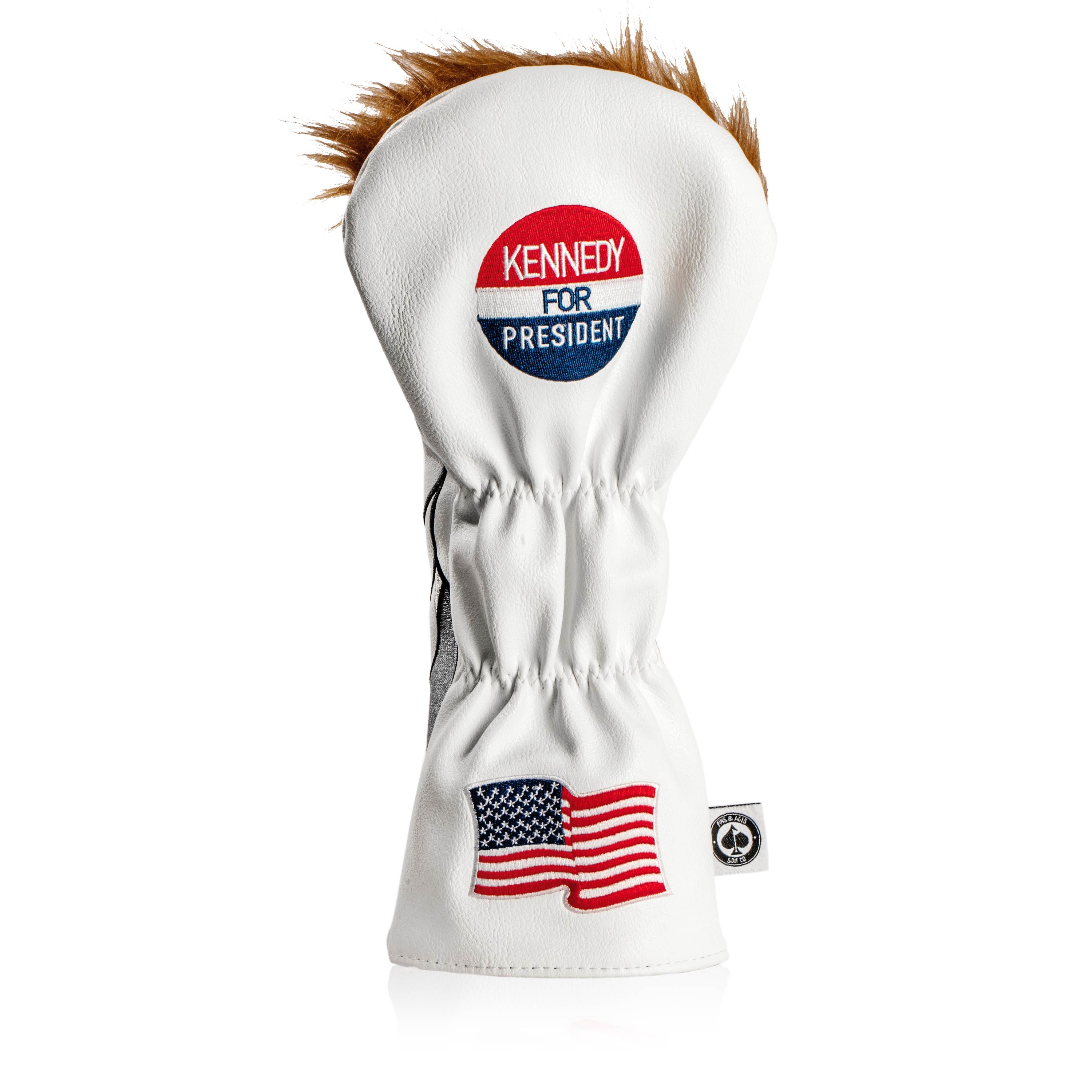 "JFK-themed driver cover featuring a vintage design with shades of blue and red, showcasing an illustration of John F. Kennedy."