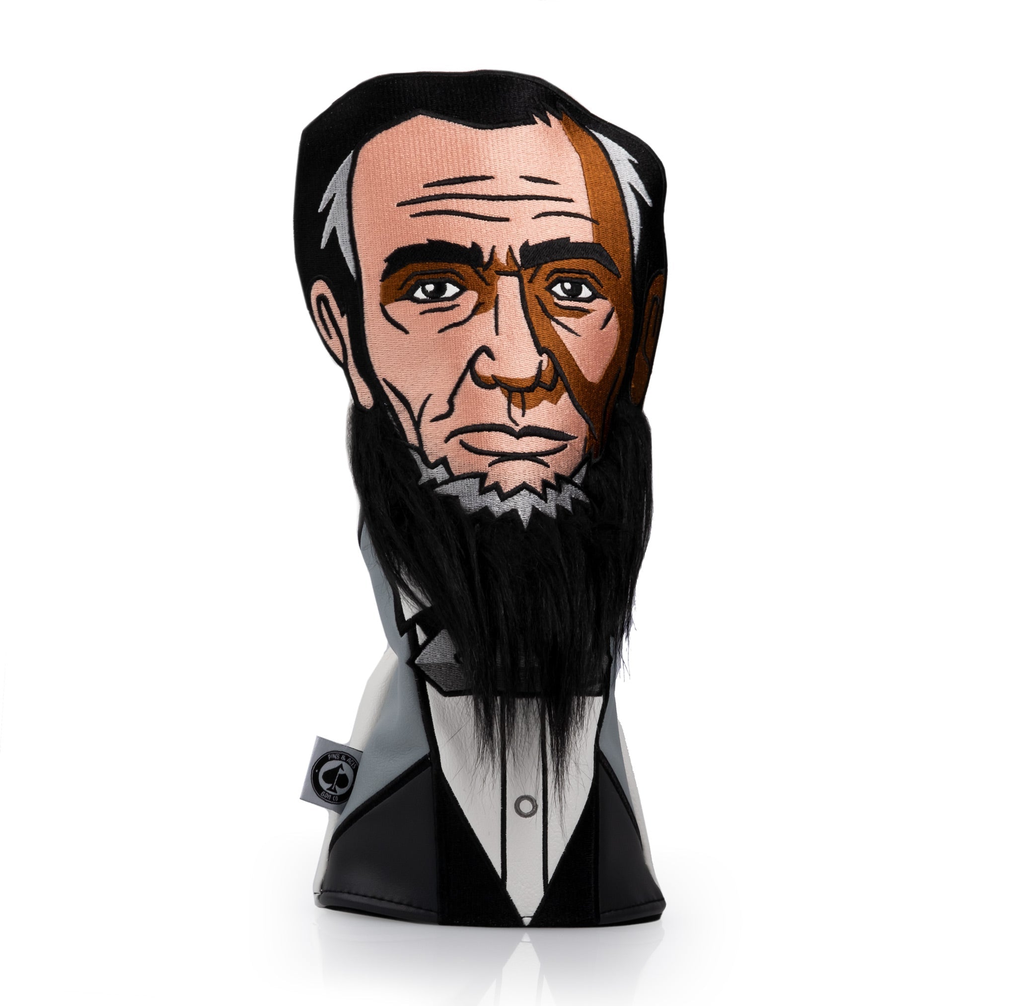 Abe Lincoln driver cover featuring a detailed illustration of Lincoln's face and iconic beard, designed for golfers.