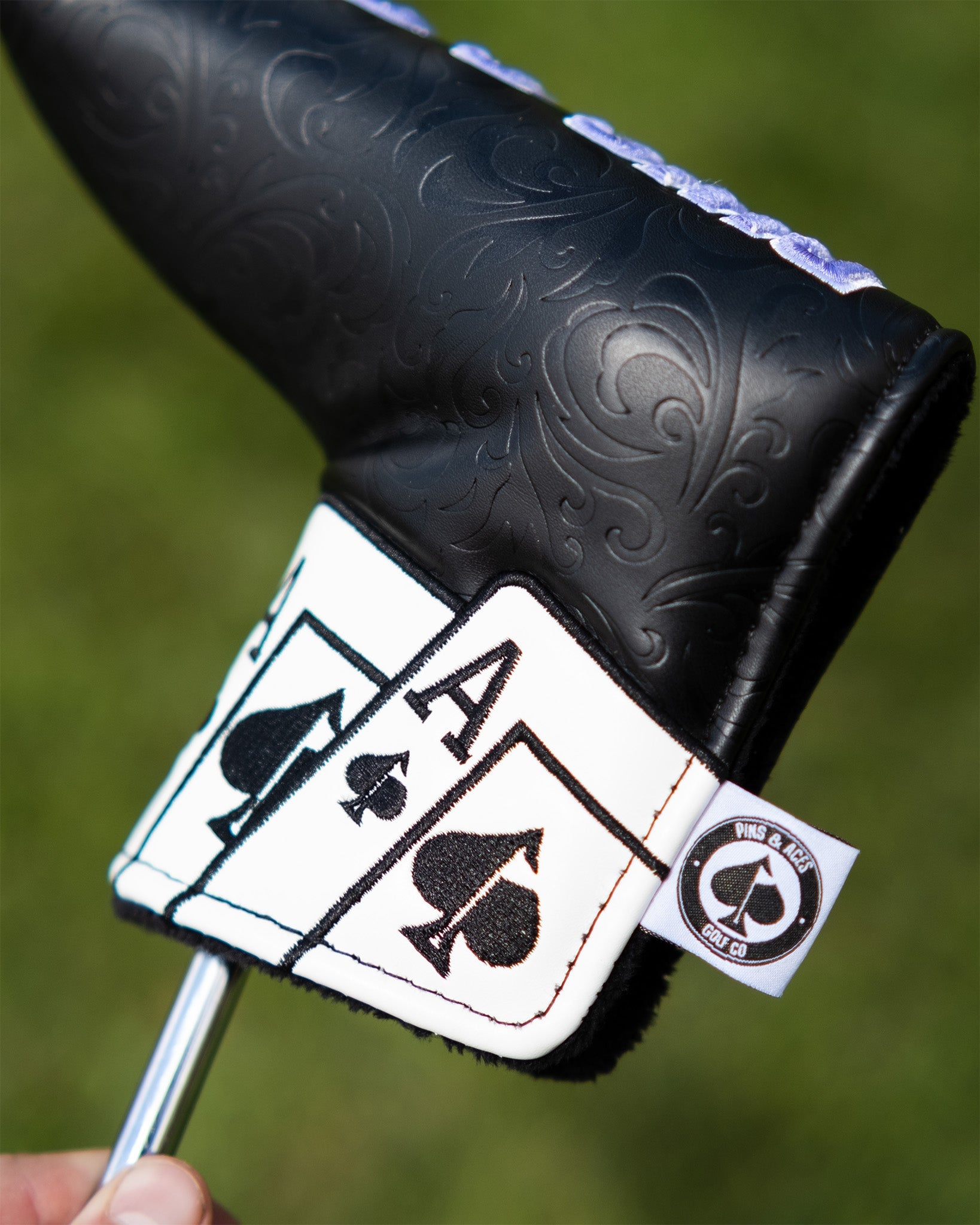 Ace of Spades blade putter cover featuring a sleek black design with spade graphics, perfect for stylish golfers.