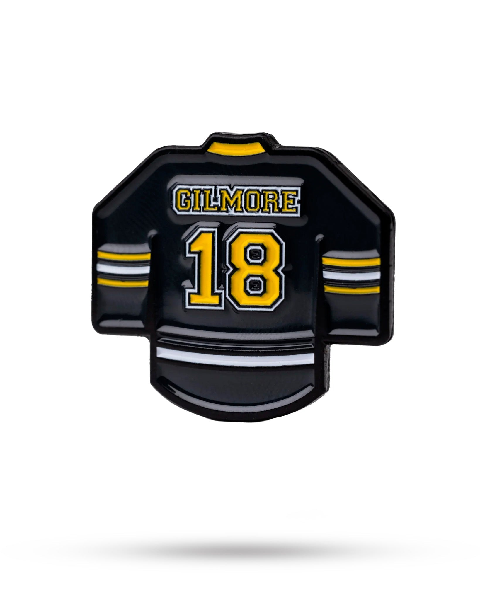 Gilmore jersey ball marker featuring a black hockey jersey design with yellow accents and the number 18.