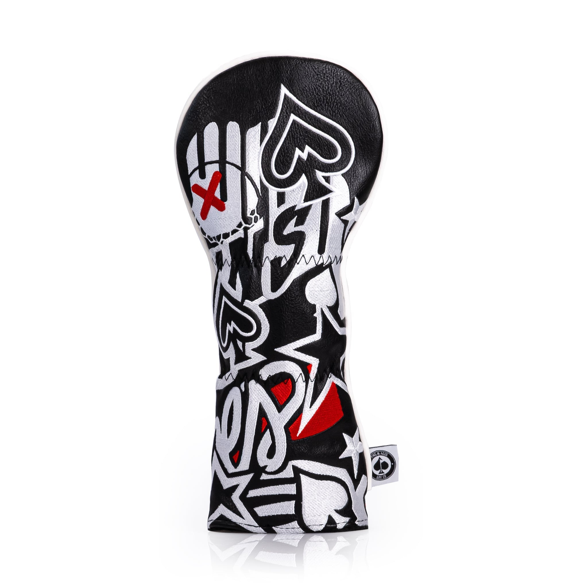 Bold black and white fairway cover featuring graffiti-style designs with red accents, perfect for stylish golfers.