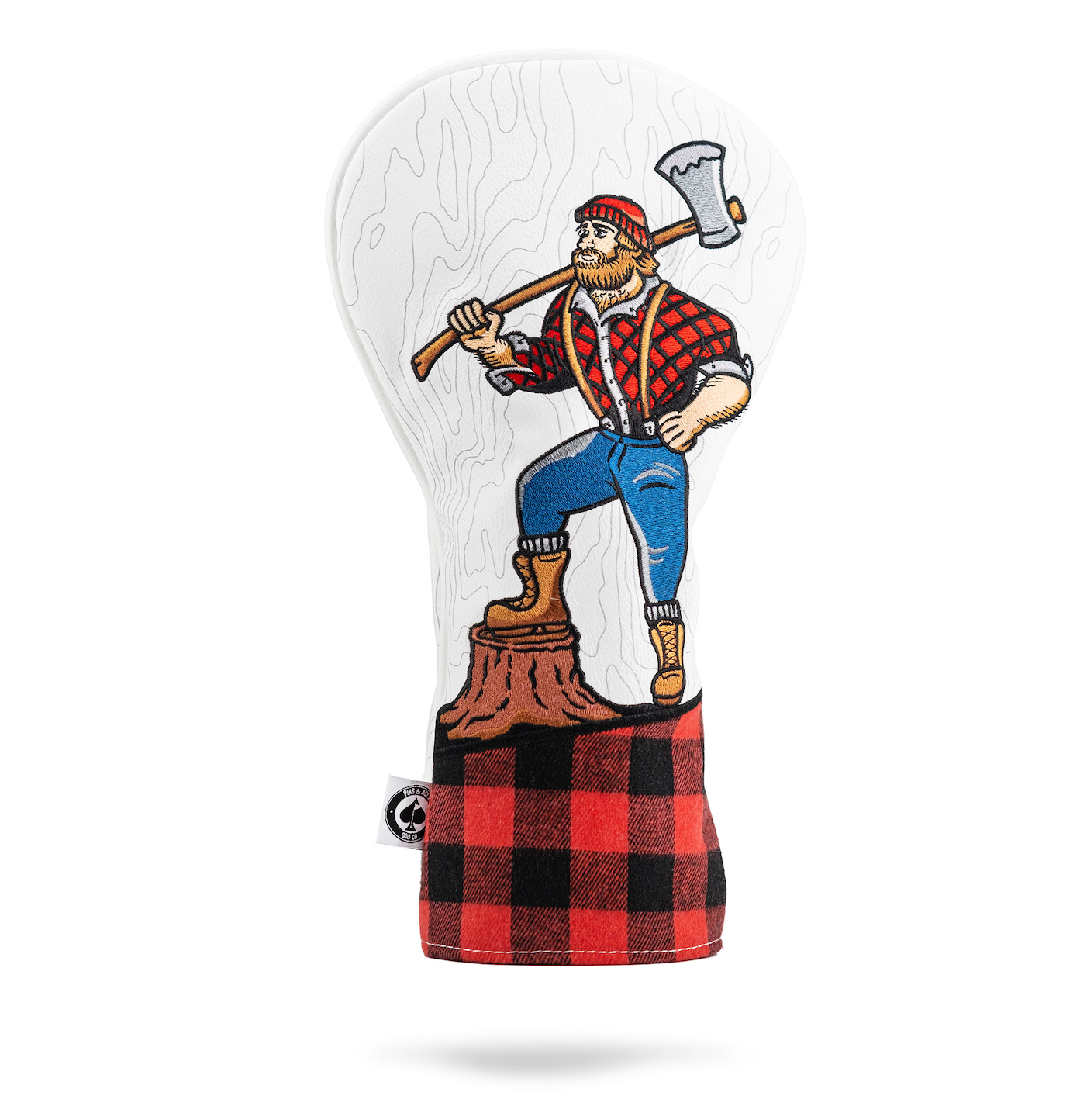 Bold golf driver cover featuring a lumberjack design with an axe, set against a wood grain background and plaid bottom.