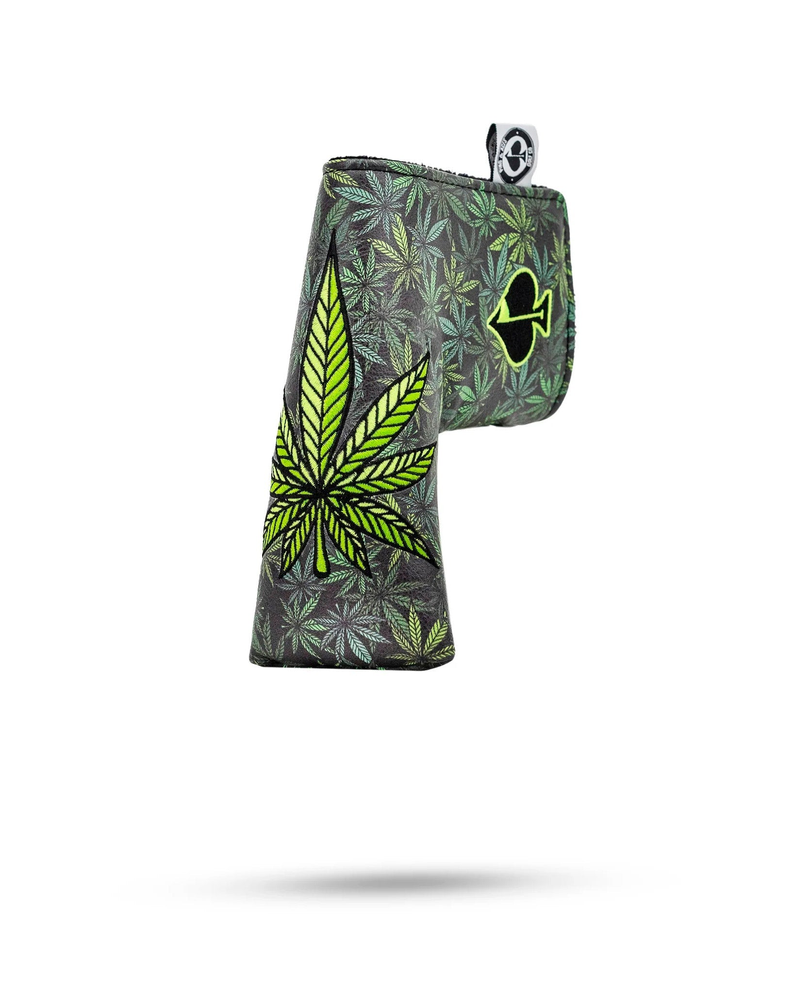Bold blade putter cover featuring a vibrant cannabis leaf design, perfect for high handicap golfers looking to stand out.